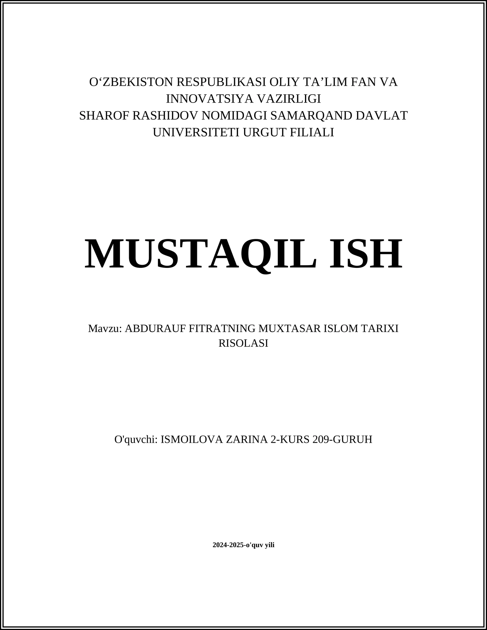 Abdurauf Fitratning Muxtasar Islom Tarixi Risolasi