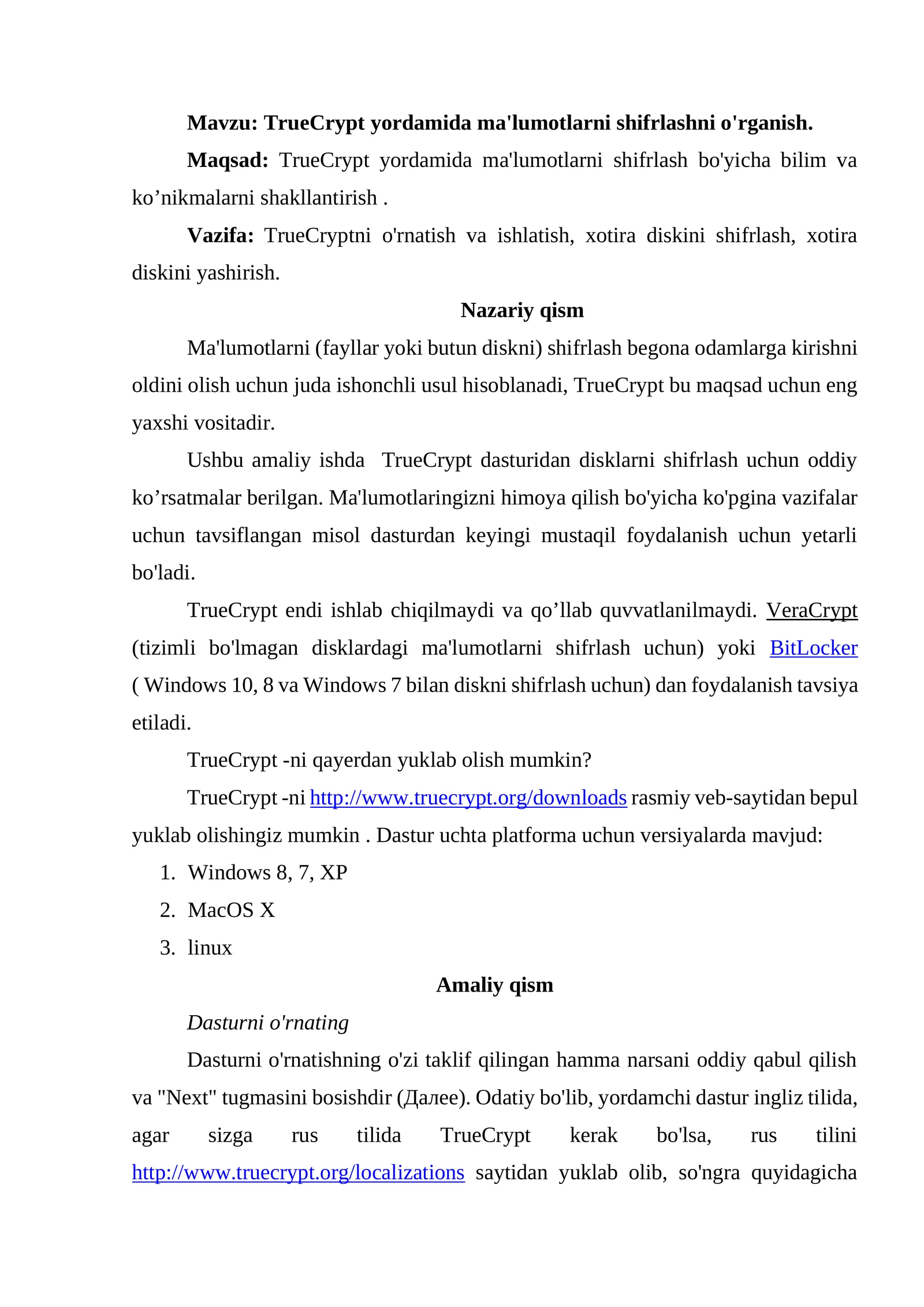TrueCrypt yordamida ma'lumotlarni shifrlashni o'rganish