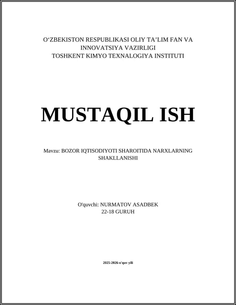 BOZOR IQTISODIYOTI SHAROITIDA NARXLARNING SHAKLLANISHI