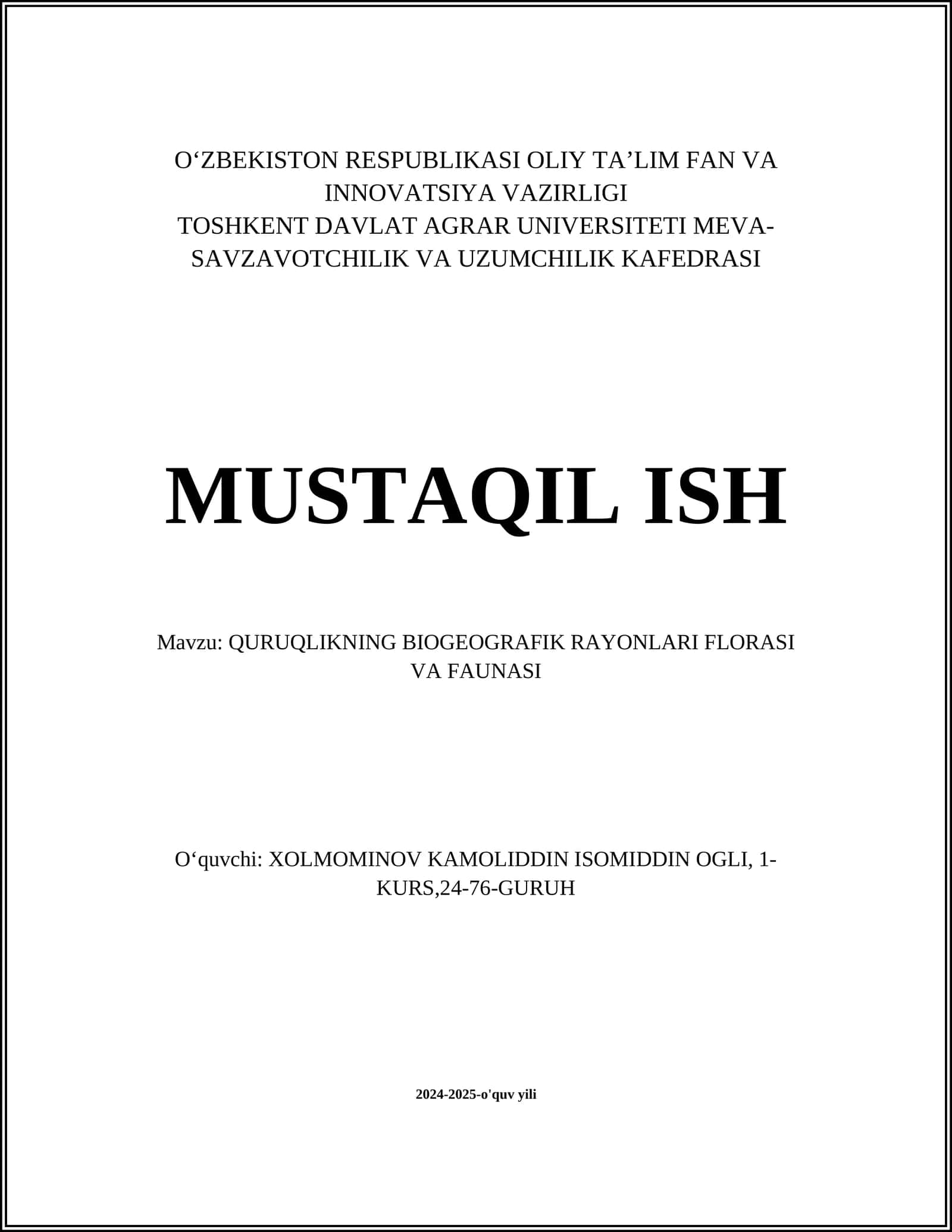 QURUQLIKNING BIOGEOGRAFIK RAYONLARI FLORASI VA FAUNASI