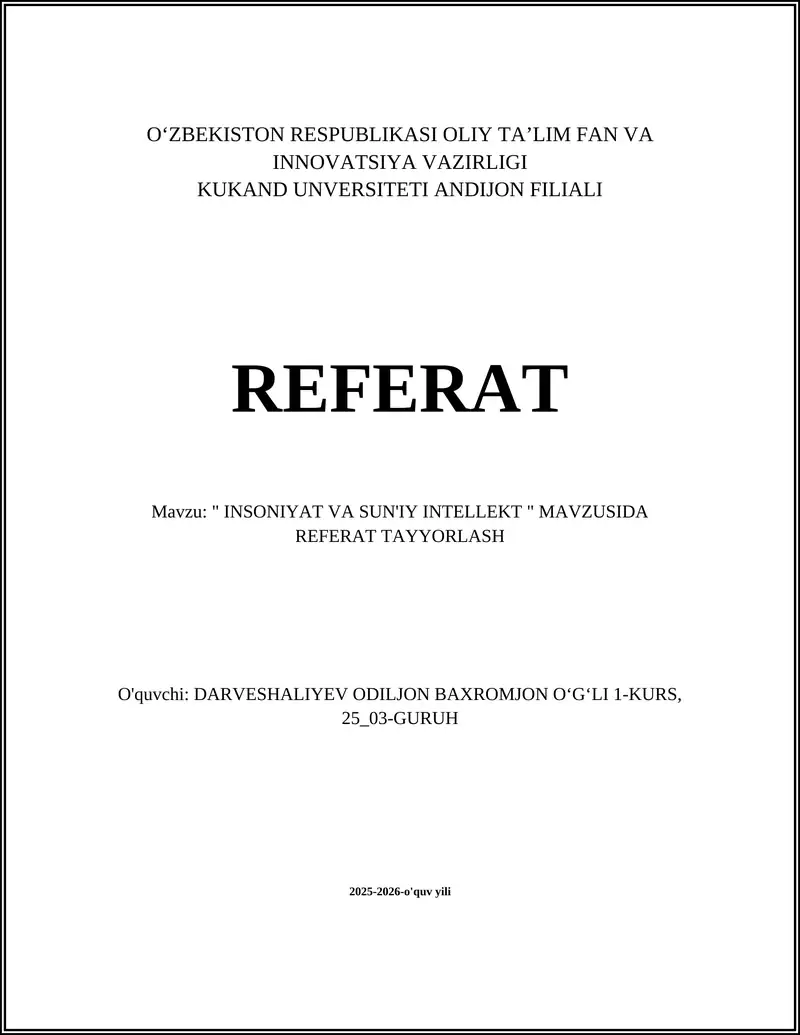 Insoniyat va Sun'iy Intellekt Referat