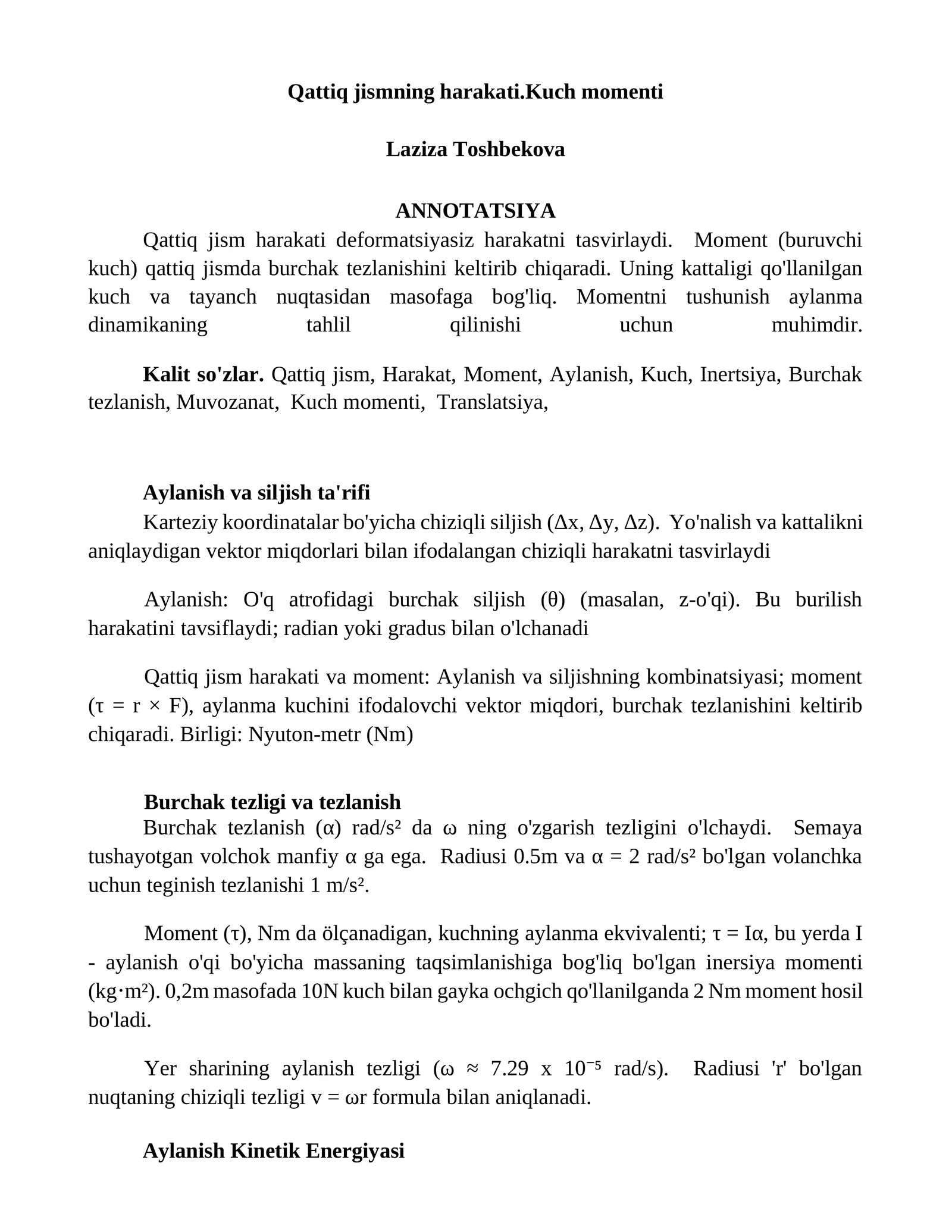 Qattiq jismning harakati.Kuch momenti