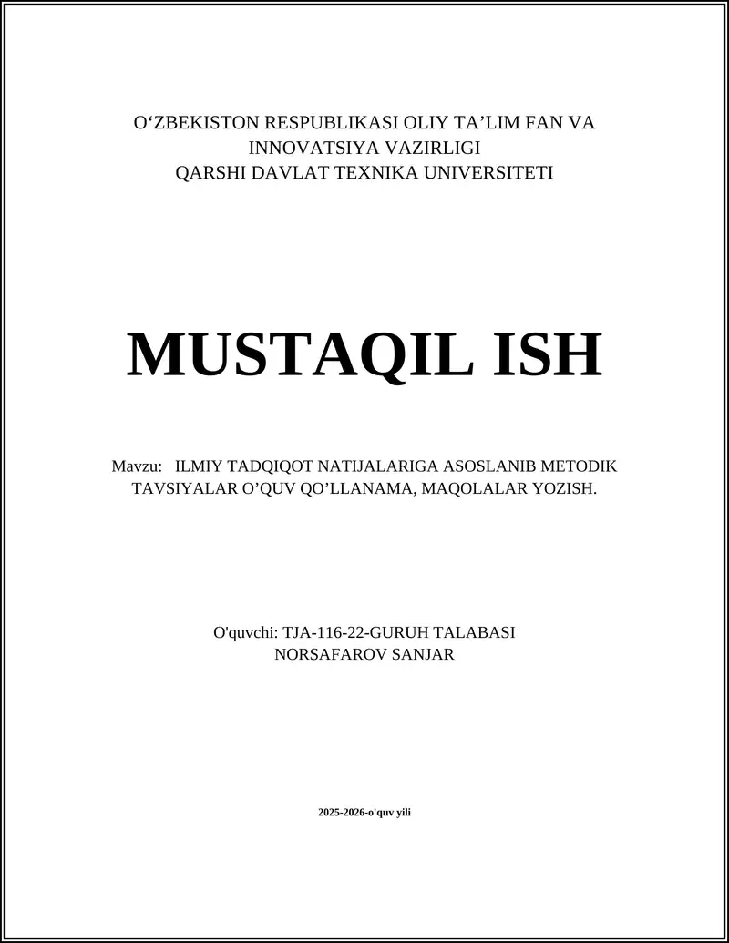 ILMIY TADQIQOT NATIJALARIGA ASOSLANIB METODIK TAVSIYALAR O’QUV QO’LLANAMA
