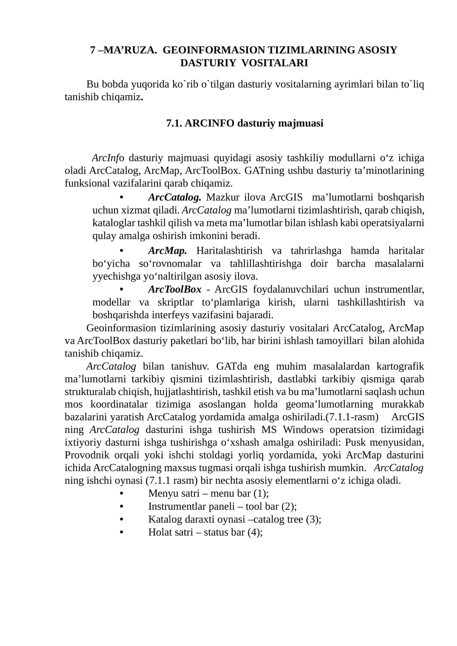 GEOINFORMASION TIZIMLARINING ASOSIY DASTURIY VOSITALARI