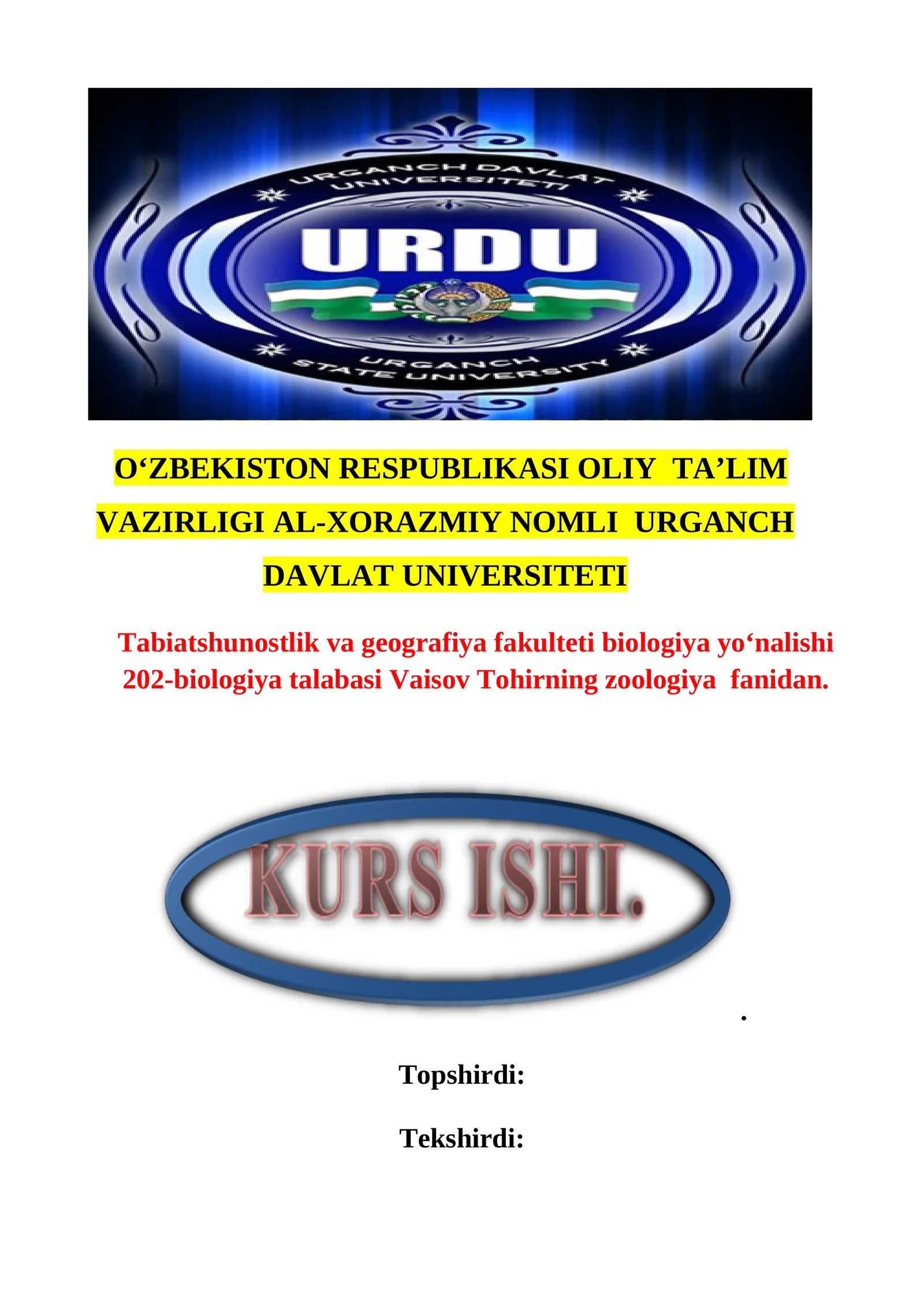 O’RTA OSIYO UMURTQALI HAYVONLARI FAUNASINING BIOLOGIK XILMA-XILLIGI VA ZOOGEOGRAFIYASINING O`ZIGA XOSLIGI
