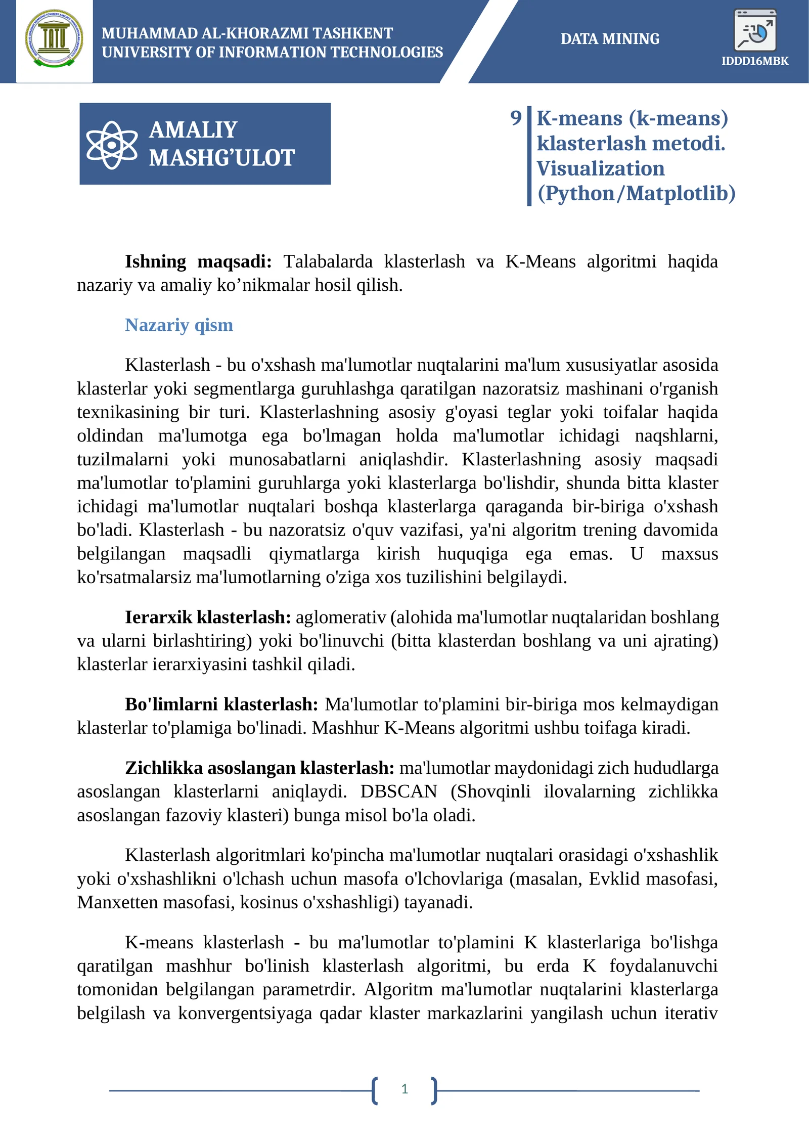 Klasterlash - K-Means algoritmi