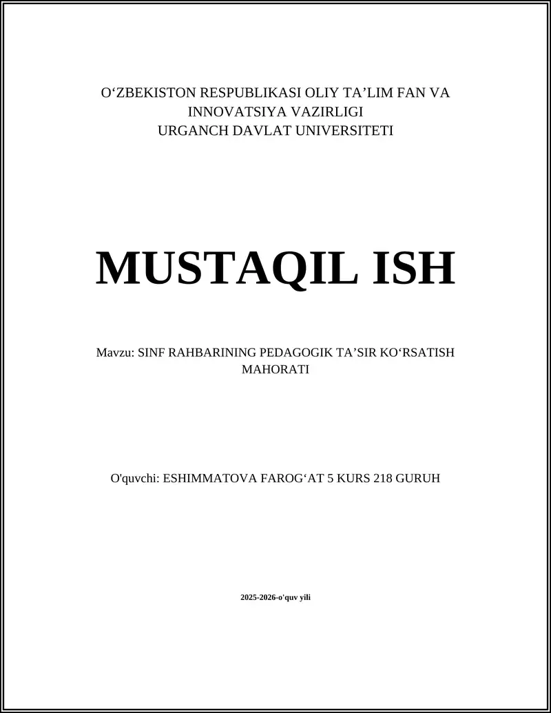 Sinf Rahbarining Pedagogik Ta'sir Ko'rsatish Mahorati