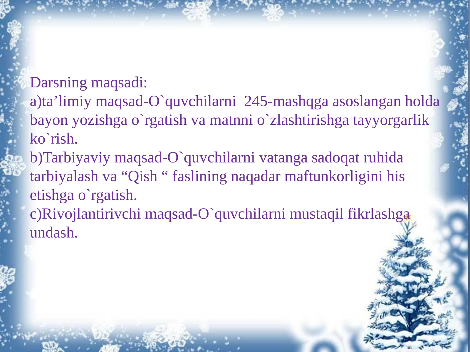Dars turi: Oquvchilarni o`tilgan mavzuga doir olgan bilim darajasini tekshirish va parchalardan tuzilgan hikoyanitahlil qilish