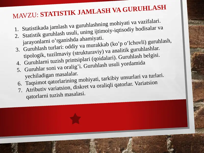 Statistik jamlash va guruhlash
