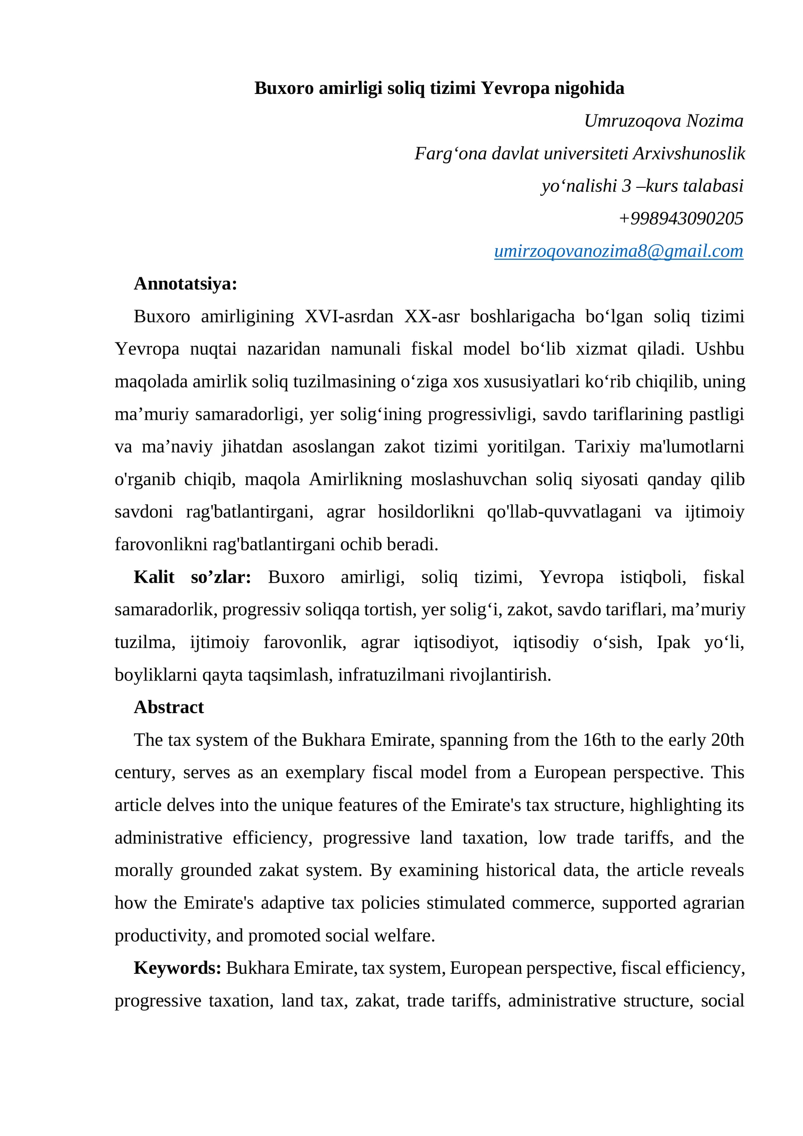 Buxoro amirligi soliq tizimi Yevropa nigohida