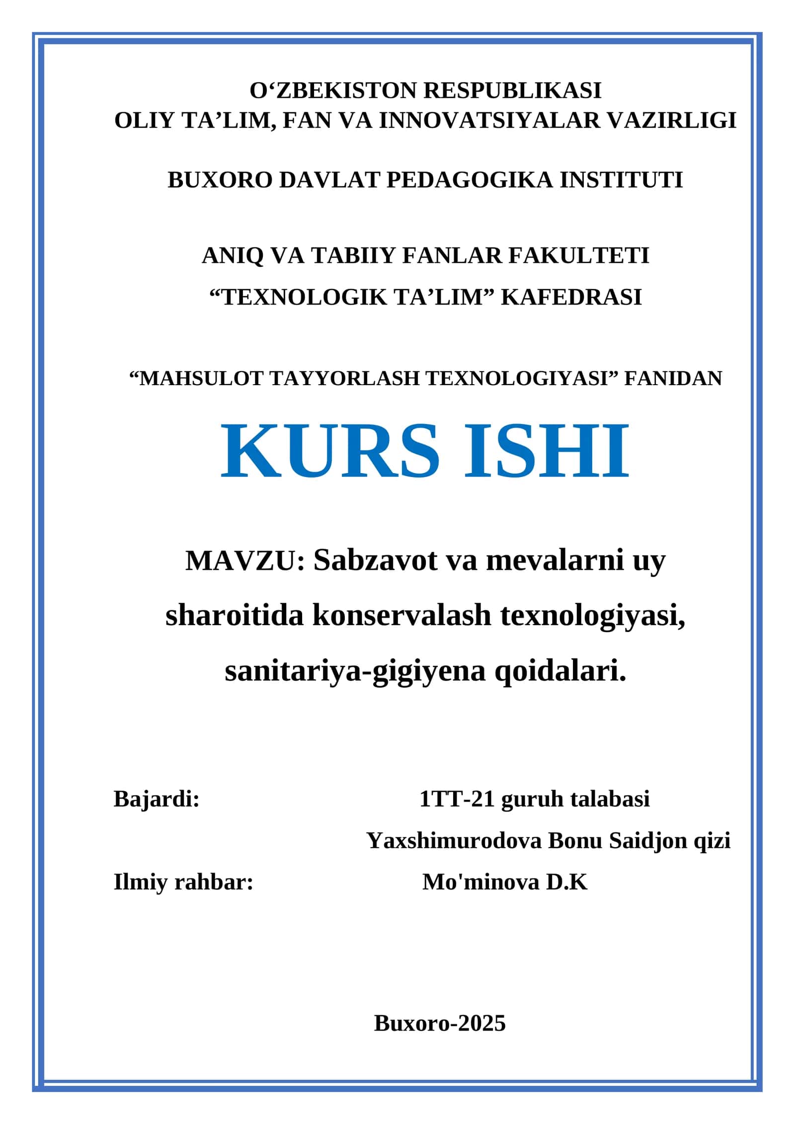 Mahsulot Tayyorlash Texnologiyasi Kurs Ishi