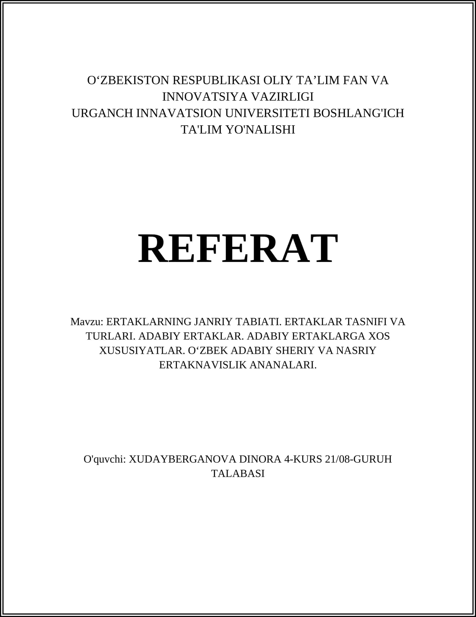 Ertaklarning Janriy Tabiati
