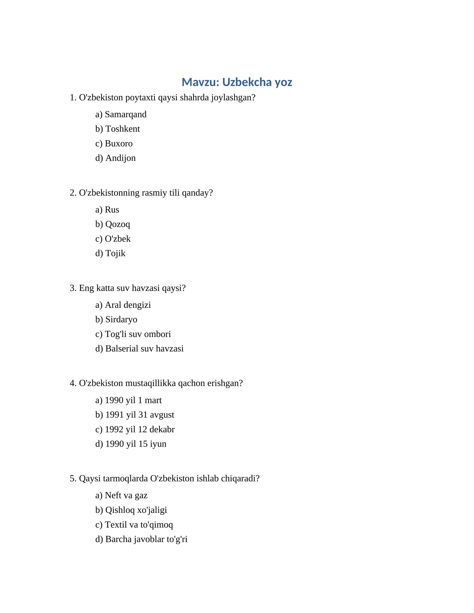 Uzbekcha yoz Test Savollari