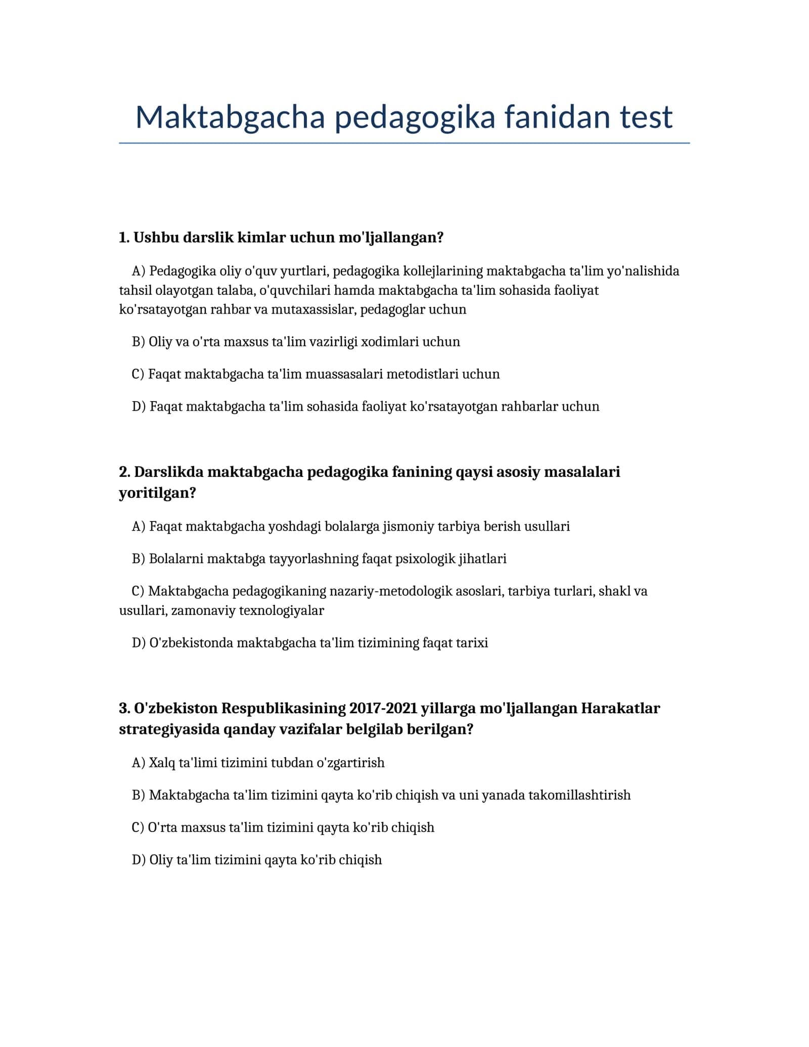 Maktabgacha pedagogika fanidan test