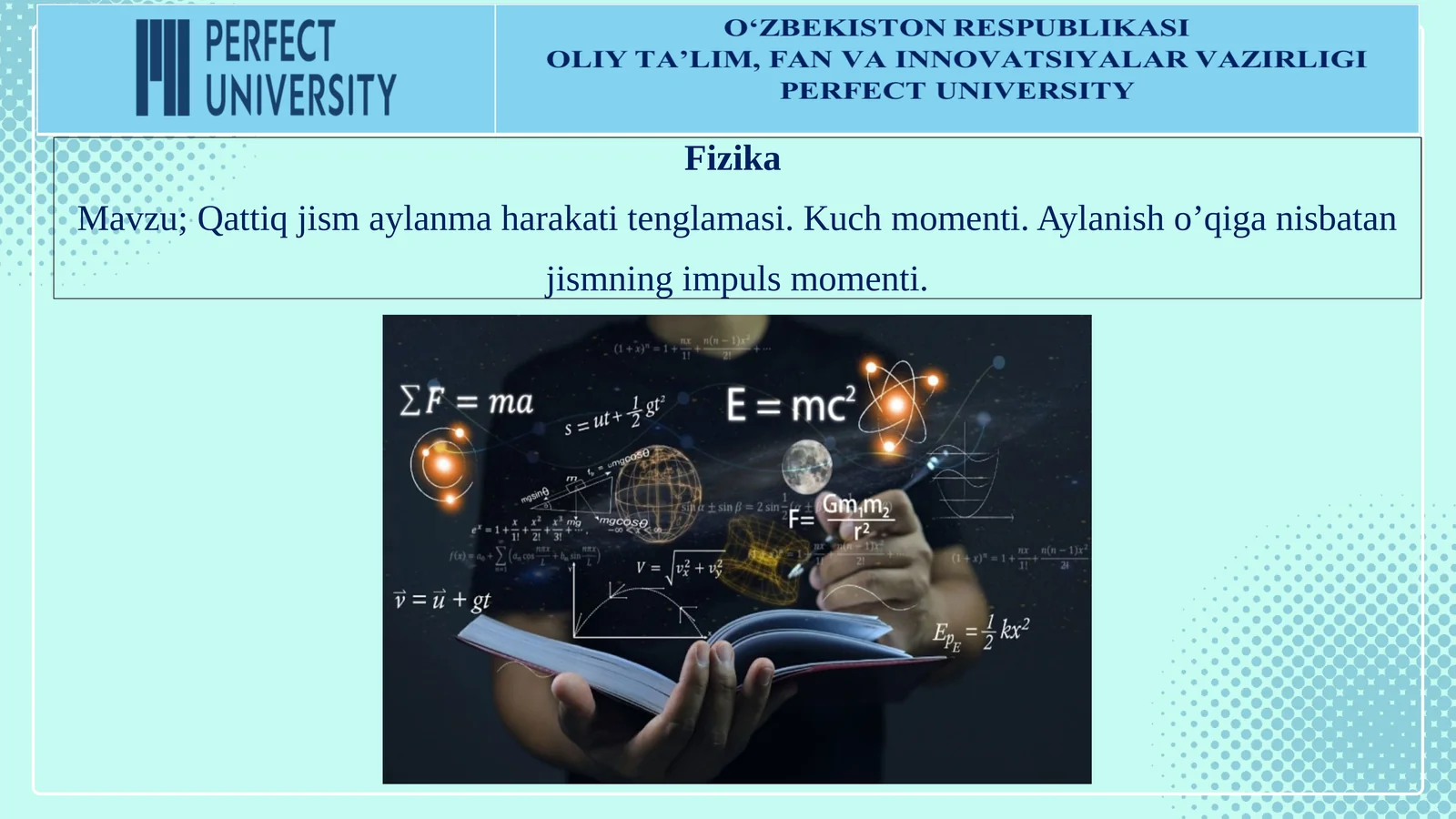 Qattiq jism aylanma harakati tenglamasi. Kuch momenti. Aylanish o’qiga nisbatan jismning impuls momenti