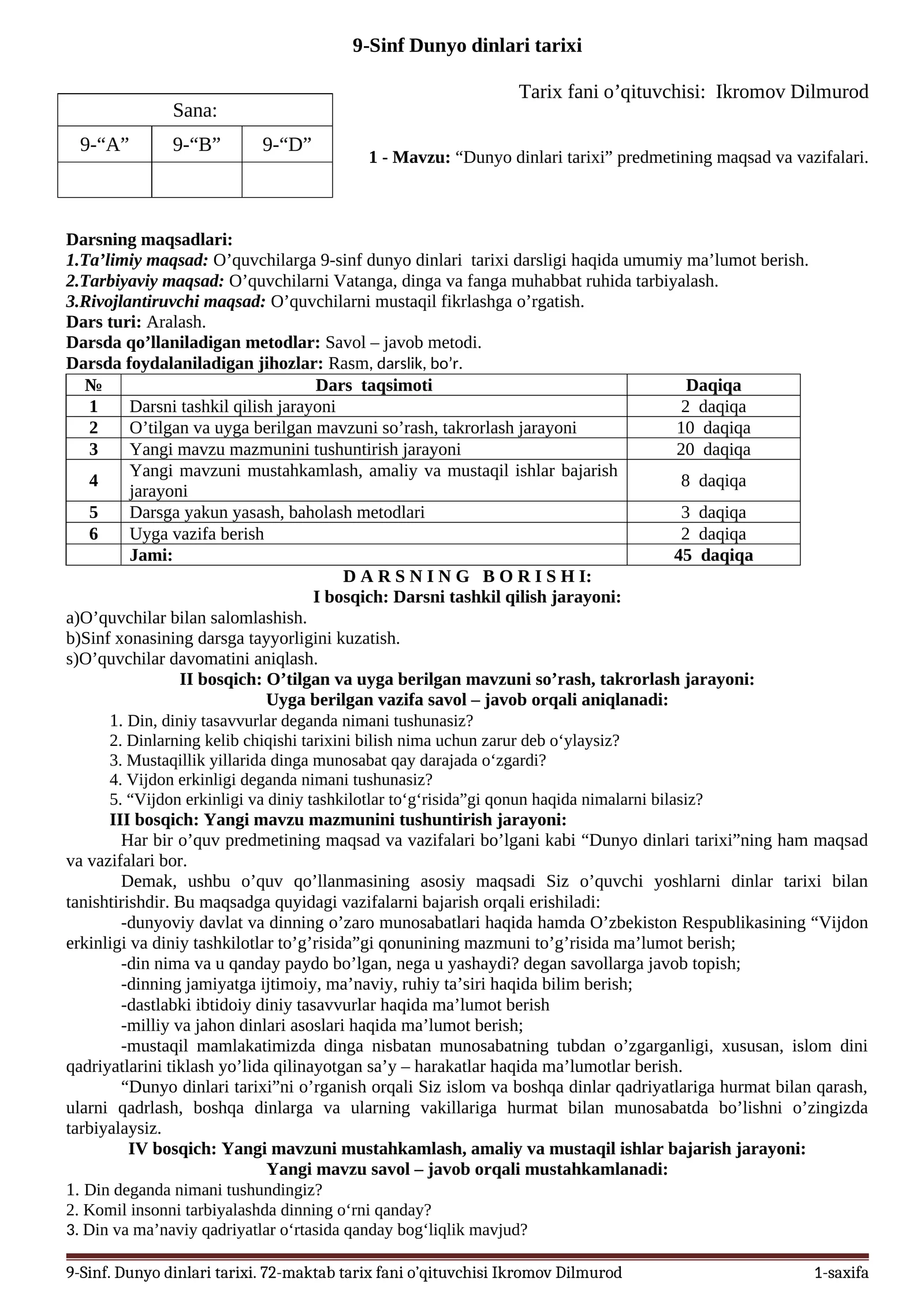 9-Sinf Dunyo dinlari tarixi