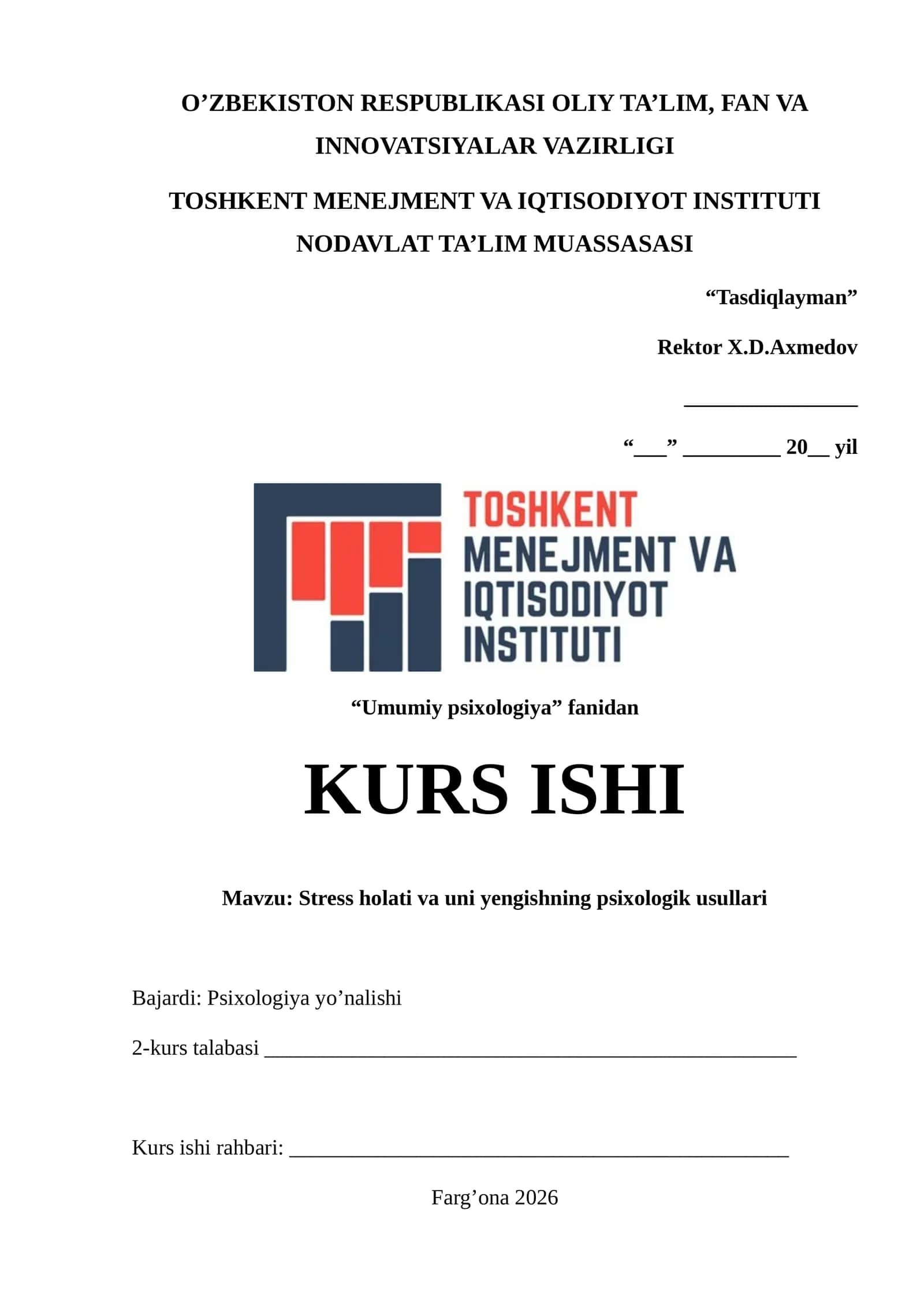 Stress holati va uni yengishning psixologik usullari (kurs ishi)