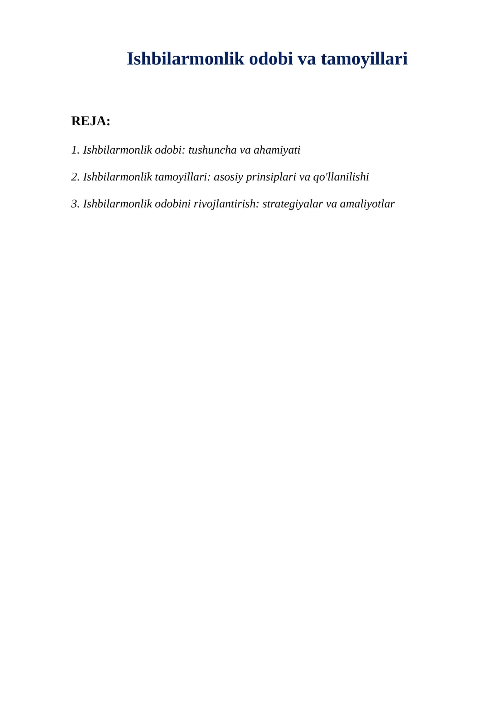 Ishbilarmonlik odobi va tamoyillari