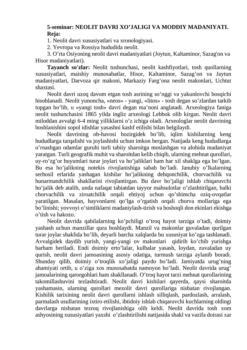 NEOLIT DAVRI XO’JALIGI VA MODDIY MADANIYATI