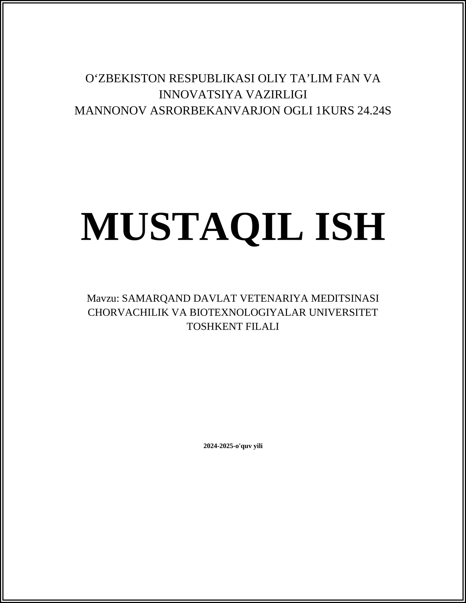 SAMARQAND DAVLAT VETENARIYA MEDITSINASI CHORVACHILIK VA BIOTEXNOLOGIYALAR UNIVERSITET TOSHKENT FILALI