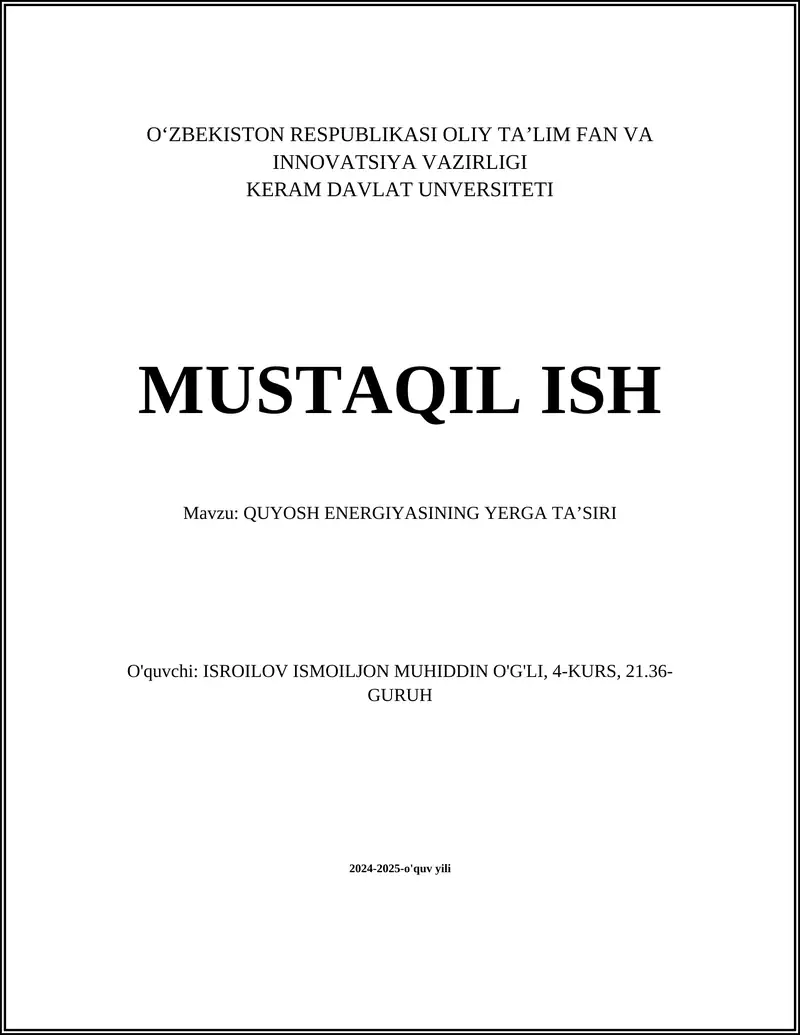 QUYOSH ENERGIYASINING YERGA TA’SIRI