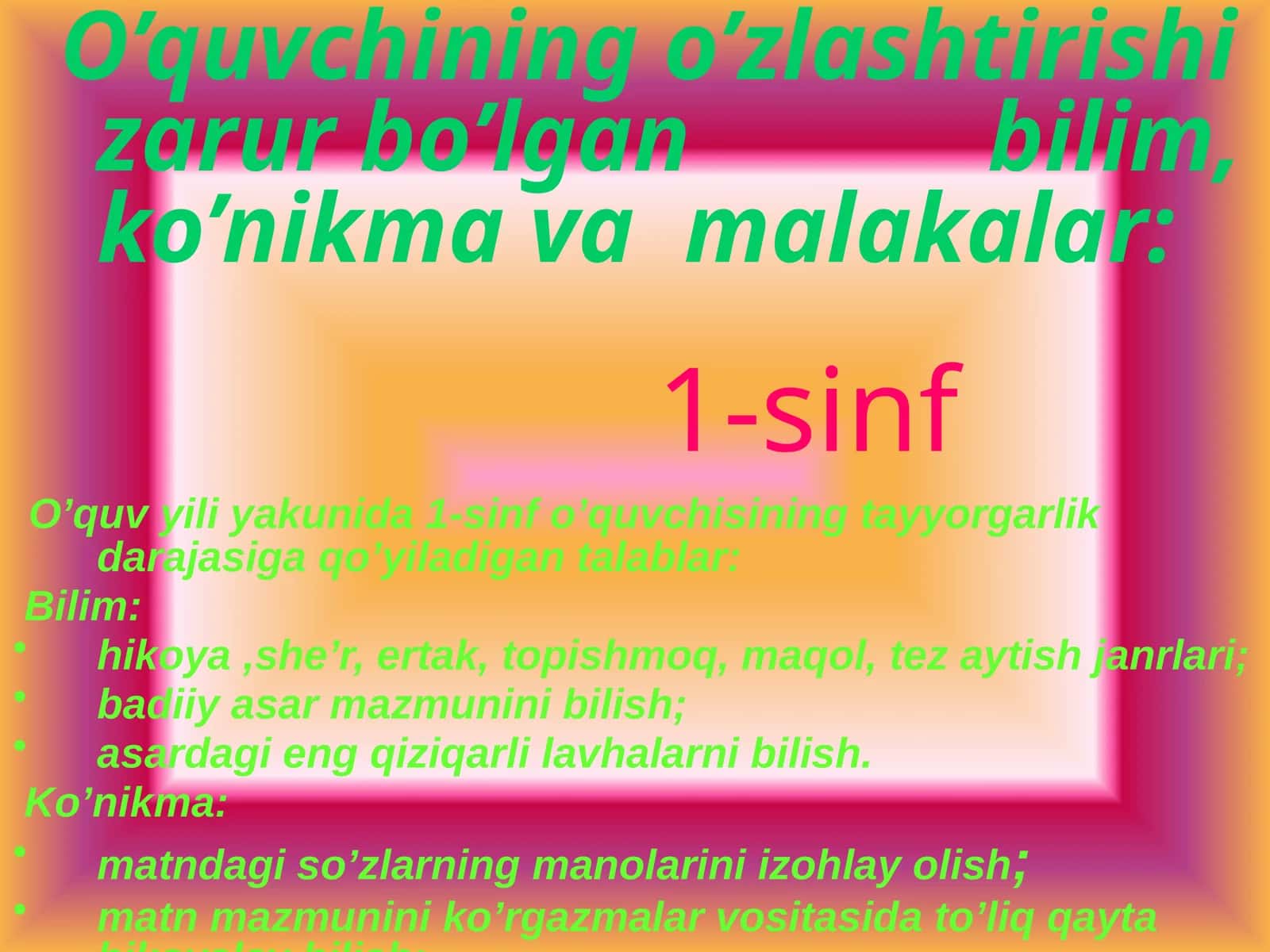 O’quvchining o’zlashtirishi zarur bo’lgan            bilim, ko’nikma va  malakalar