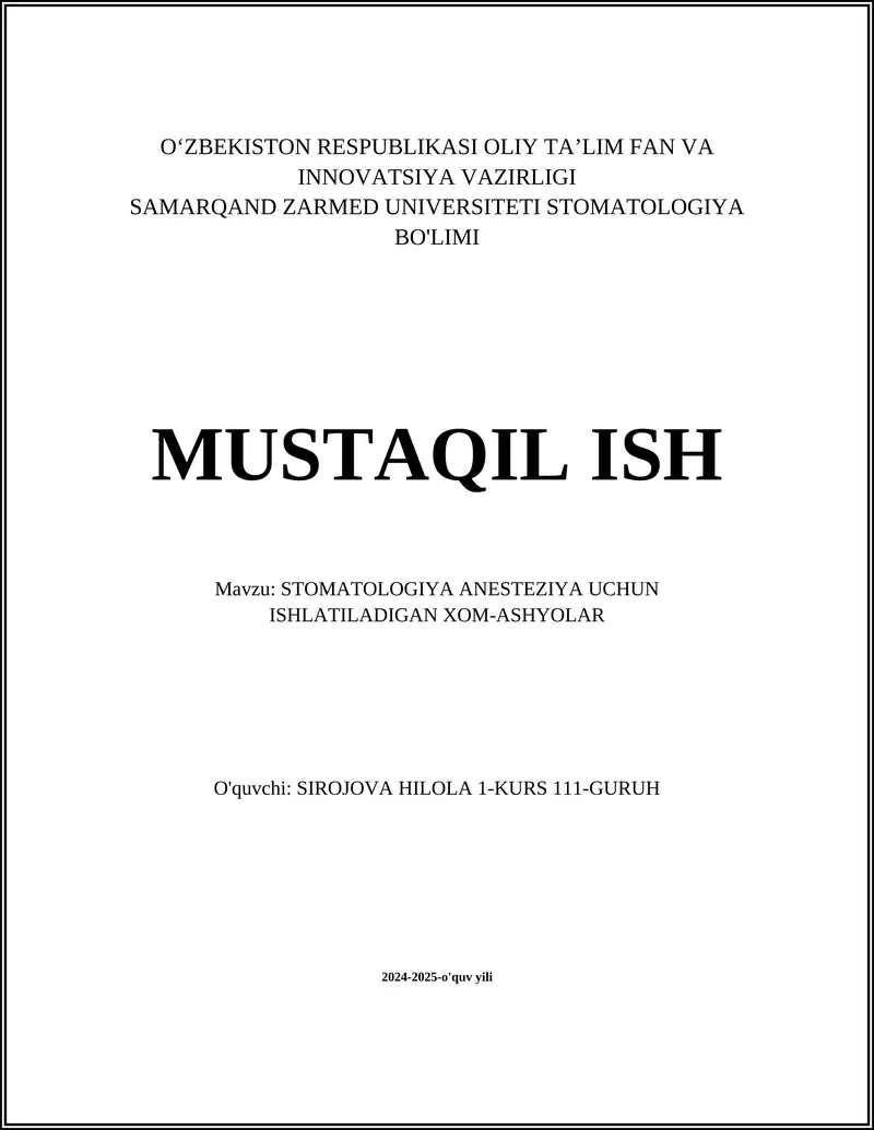 STOMATOLOGIYA ANESTEZIYA UCHUN ISHLATILADIGAN XOM-ASHYOLAR
