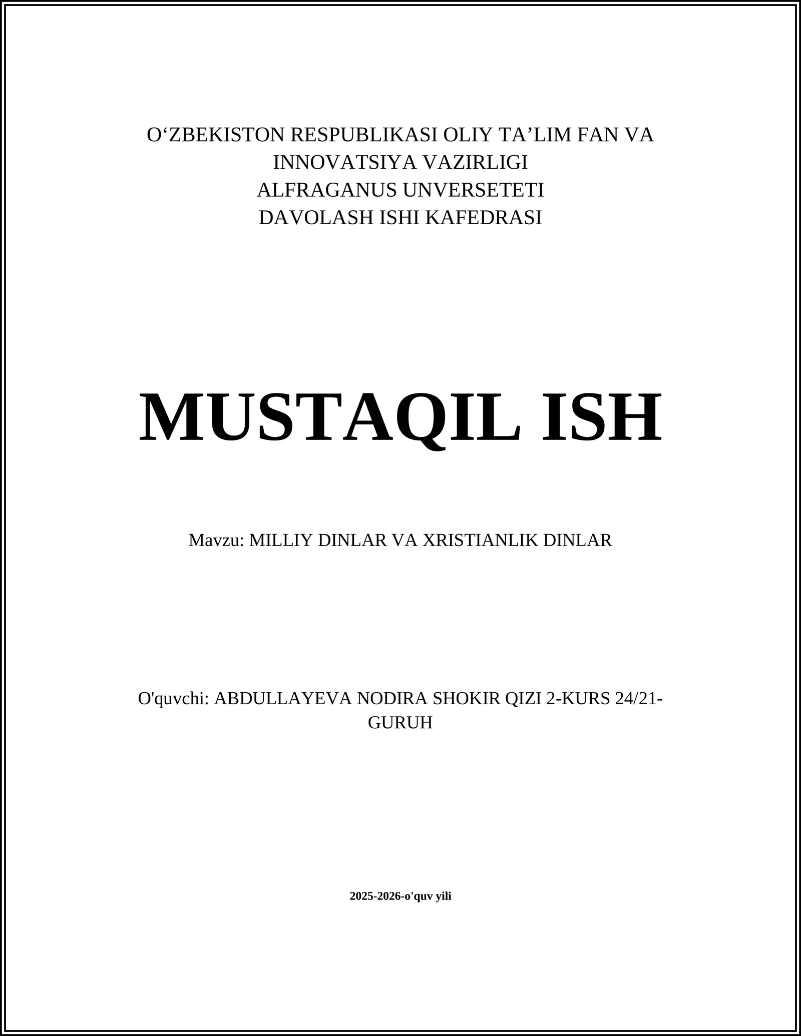 MILLIY DINLAR VA XRISTIANLIK DINLAR