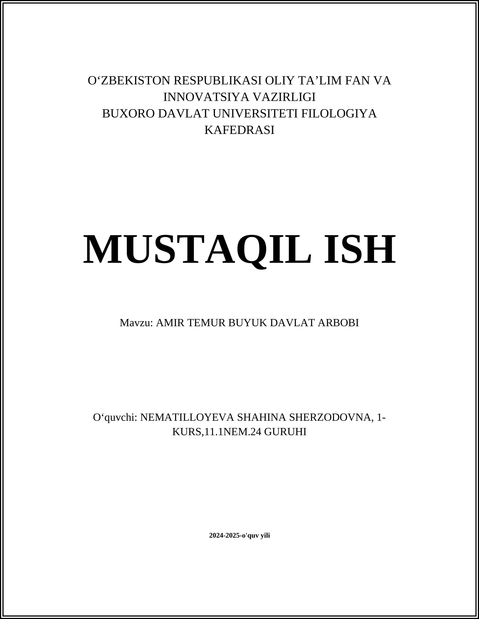 AMIR TEMUR BUYUK DAVLAT ARBOBI