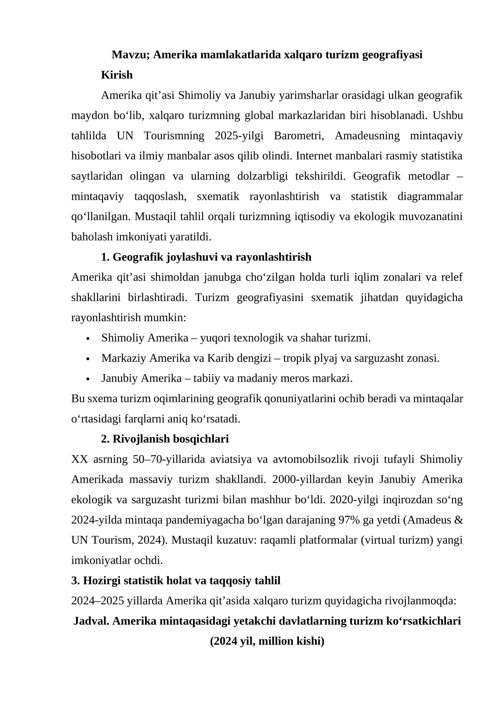 Amerika mamlakatlarida xalqaro turizm geografiyasi