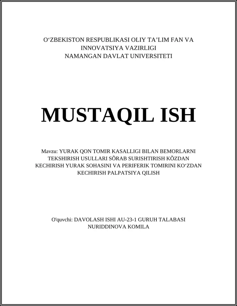 YURAK QON TOMIR KASALLIGI BILAN BEMORLARNI TEKSHIRISH USULLARI