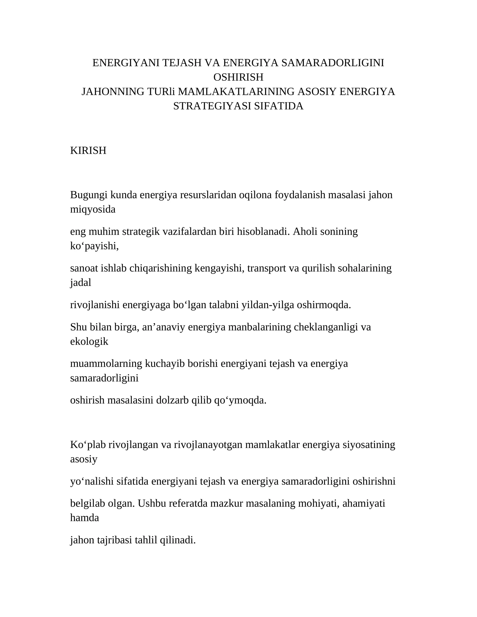 ENERGIYANI TEJASH VA ENERGIYA SAMARADORLIGINI OSHIRISH