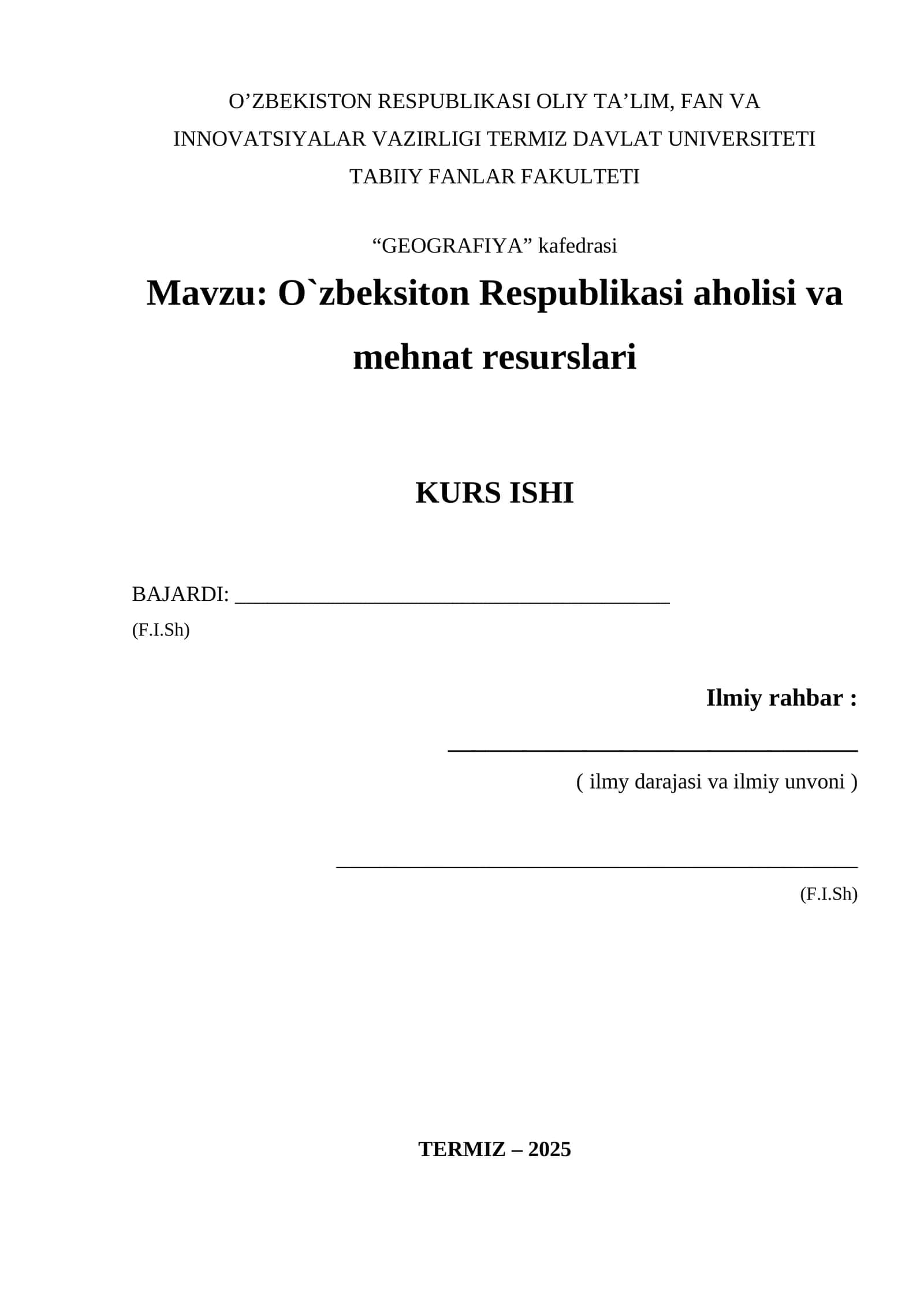 O`zbeksiton Respublikasi aholisi va mehnat resurslari
