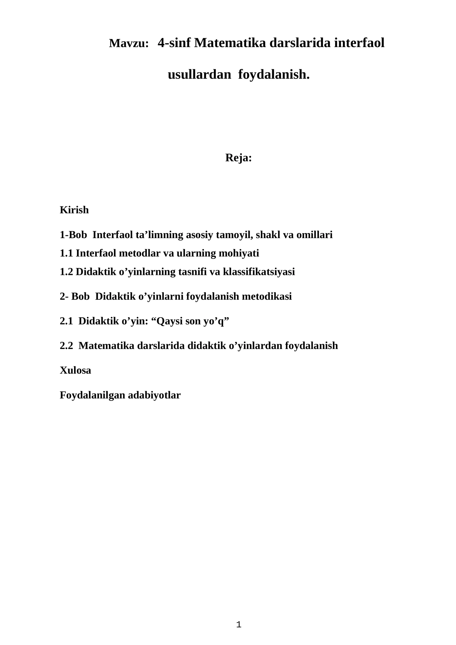 4-sinf Matematika darslarida interfaol usullardan foydalanish