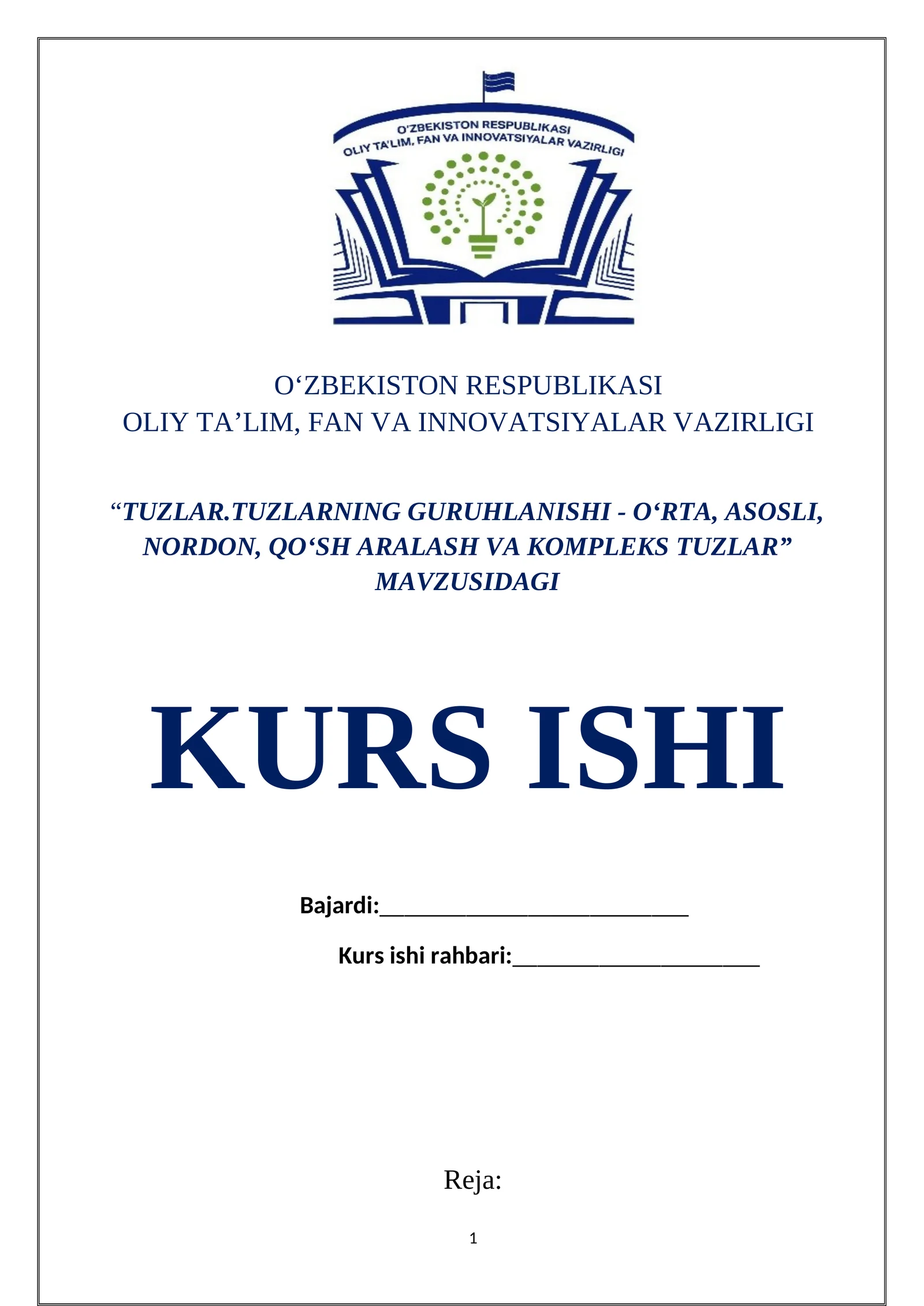 TUZLAR.TUZLARNING GURUHLANISHI - O‘RTA, ASOSLI, NORDON, QO‘SH ARALASH VA KOMPLEKS TUZLAR