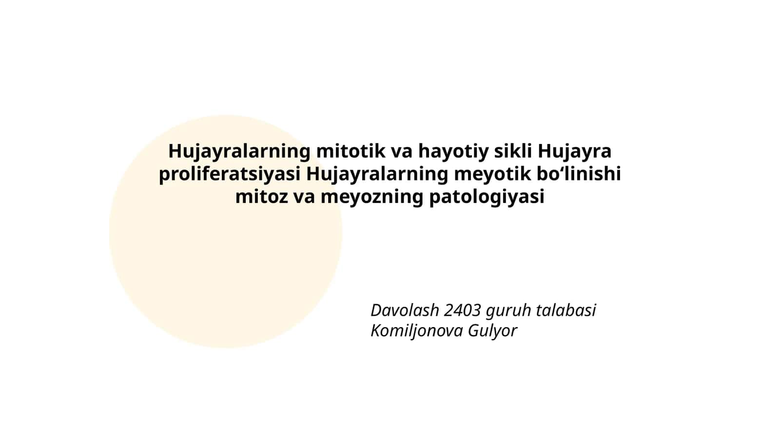 Hujayralarning mitotik va hayotiy sikli Hujayra proliferatsiyasi Hujayralarning meyotik boʻlinishi mitoz va meyozning patologiyasi