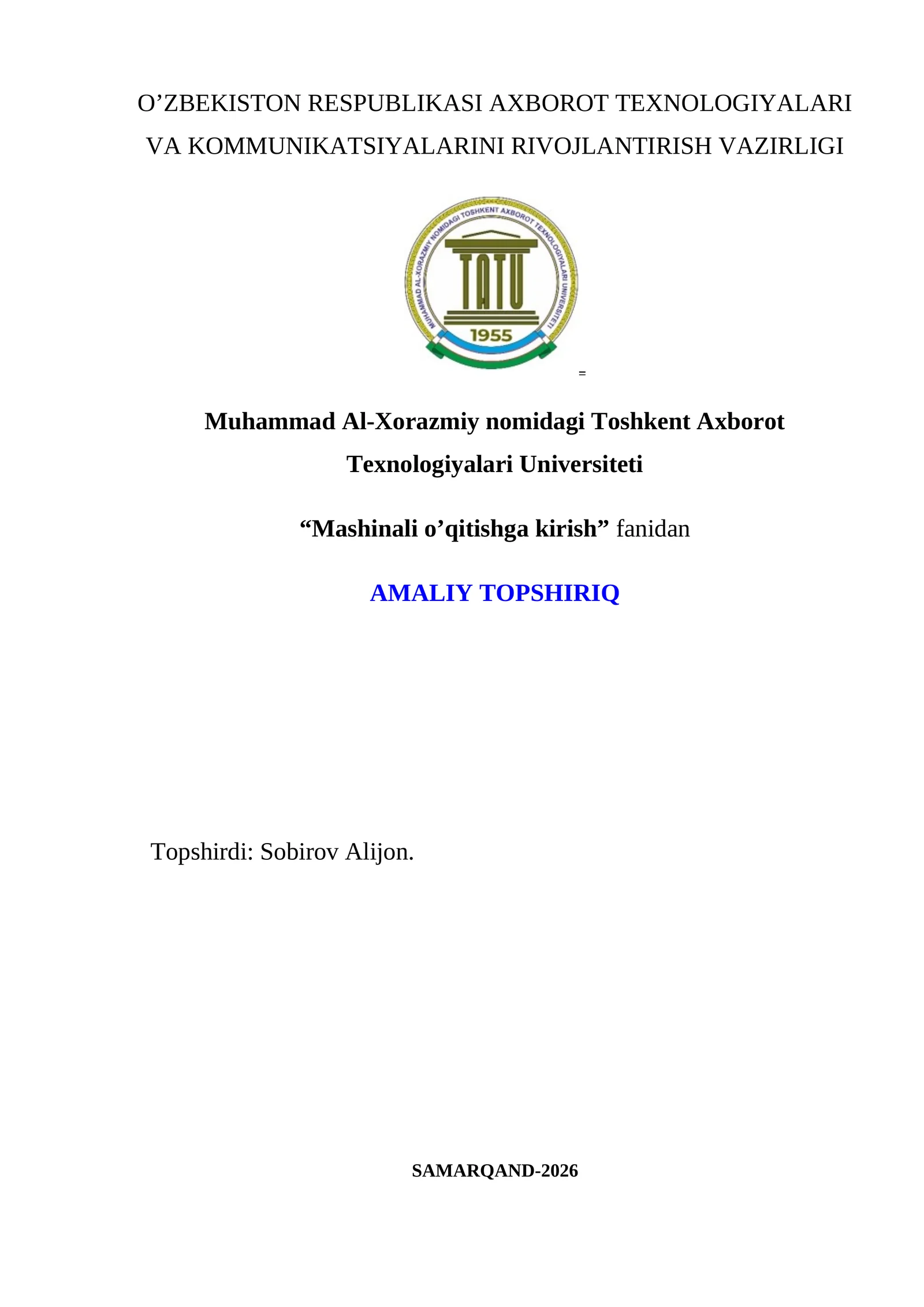 Mashinali o’qitishga kirish fanidan amaliy topshiriq