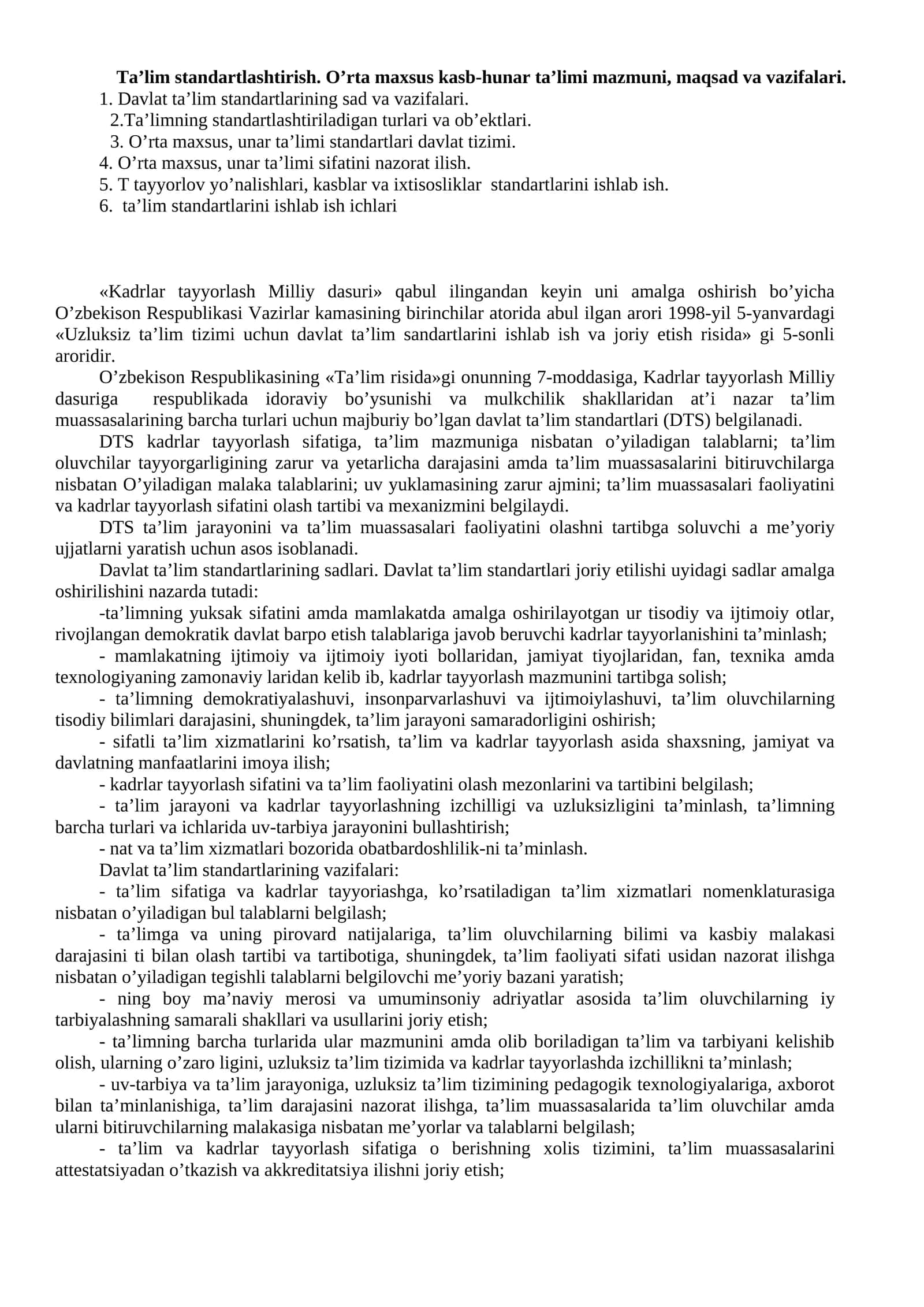 O'rta maxsus kasb-hunar ta'limi mazmuni, maqsad va vazifalari