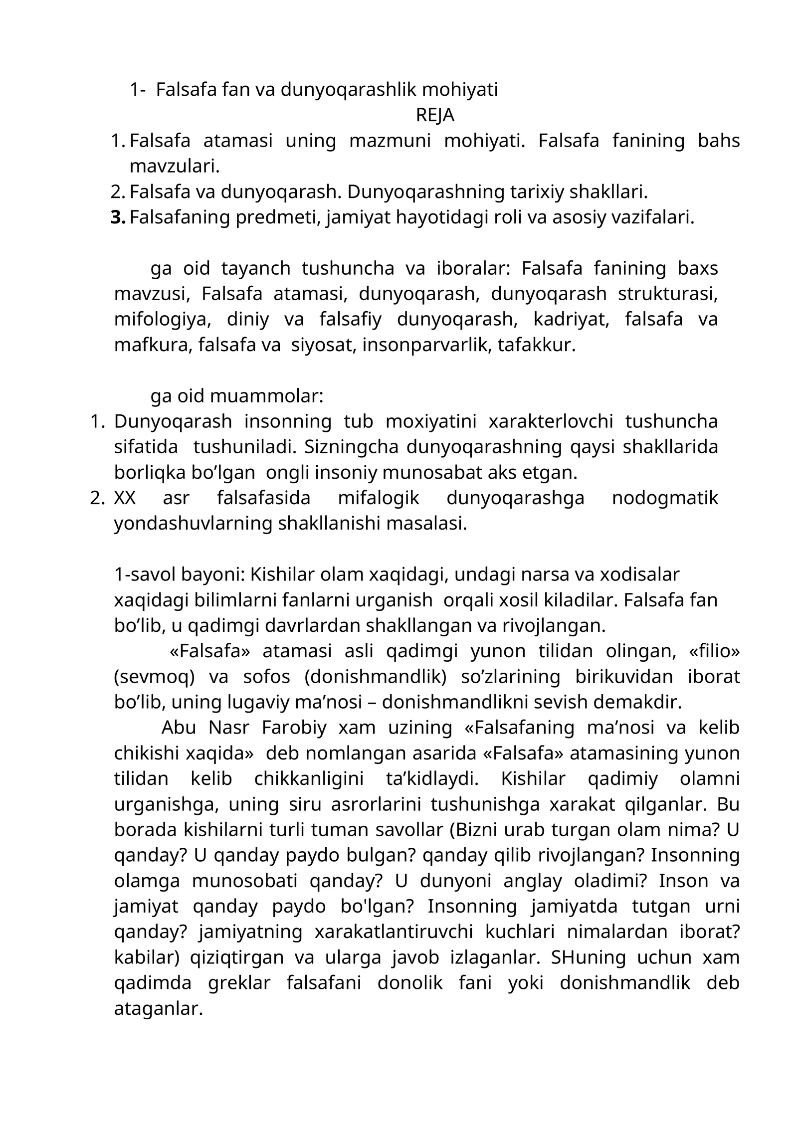 Falsafa fan va dunyoqarashlik mohiyati
