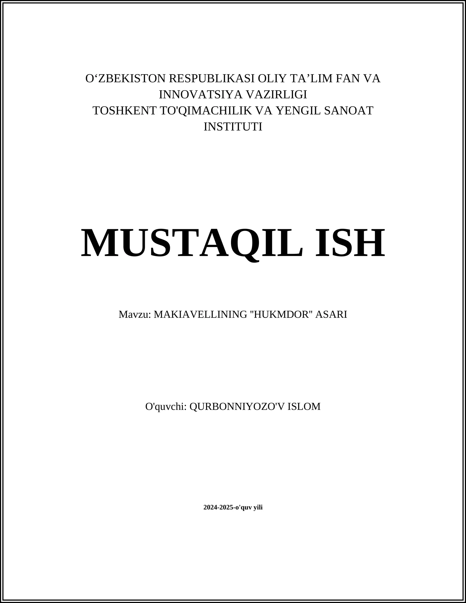 MAKIAVELLINING ''HUKMDOR'' ASARI