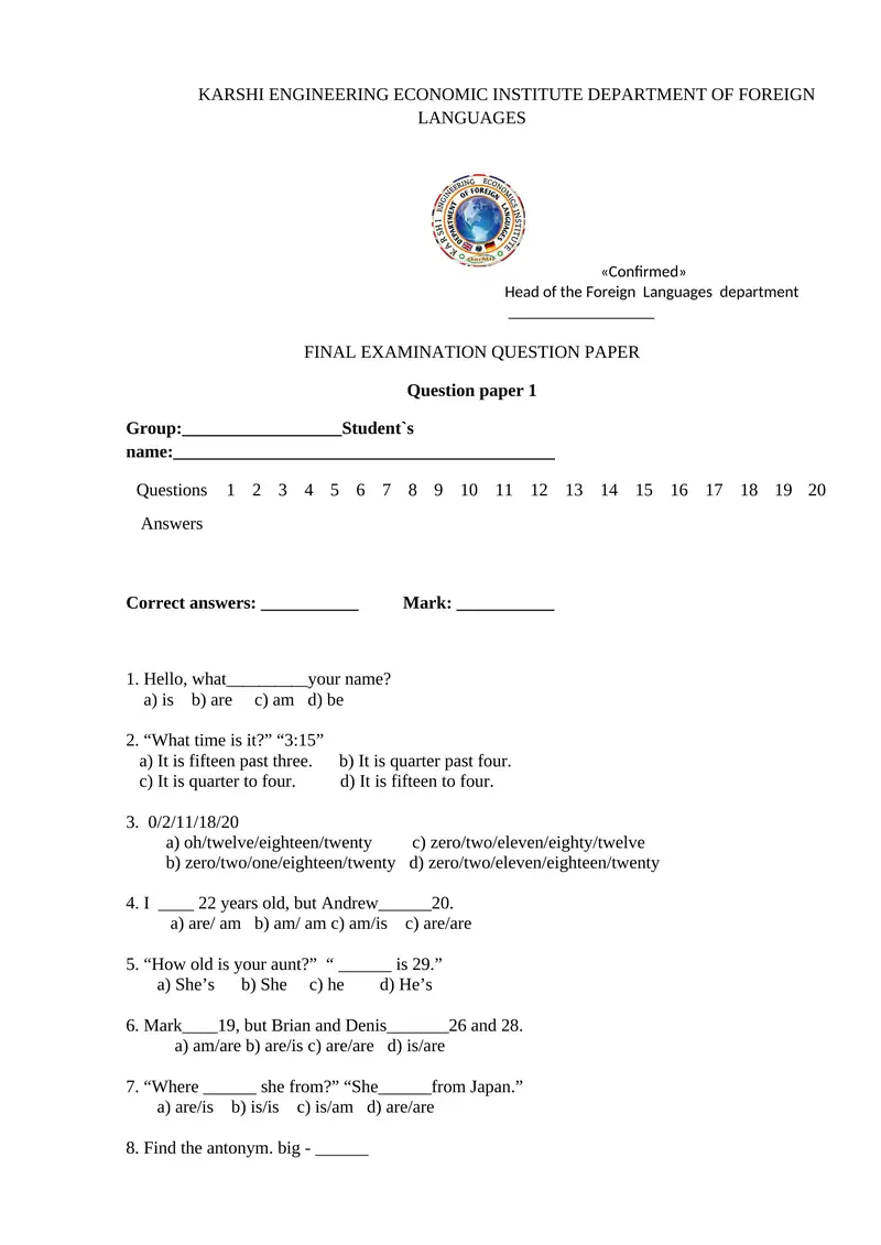 FINAL EXAMINATION QUESTION PAPER