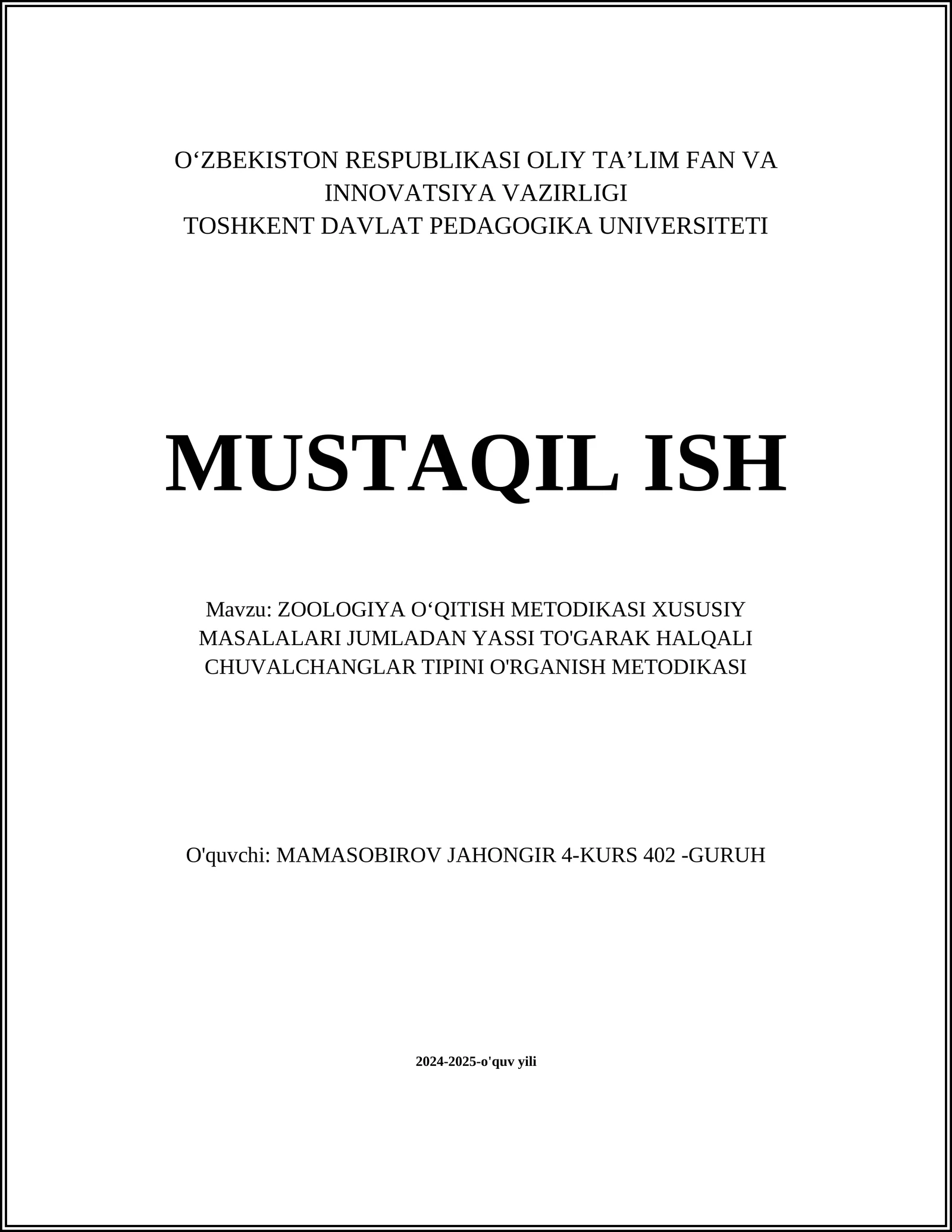 ZOOLOGIYA O‘QITISH METODIKASI XUSUSIY MASALALARI JUMLADAN YASSI TO'GARAK HALQALI CHUVALCHANGLAR TIPINI O'RGANISH METODIKASI