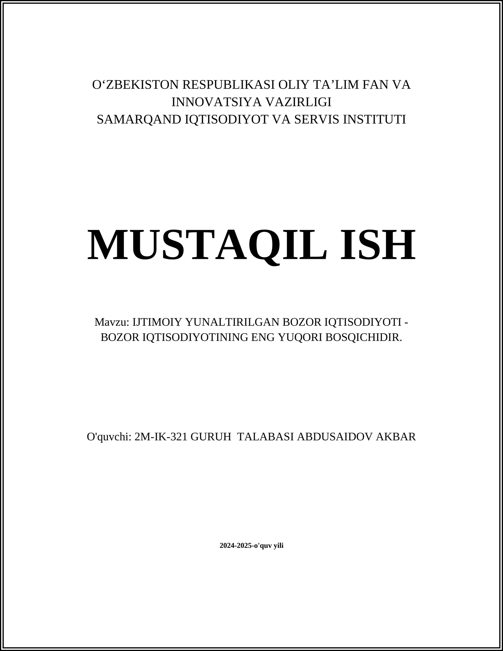 IJTIMOIY YUNALTIRILGAN BOZOR IQTISODIYOTI
