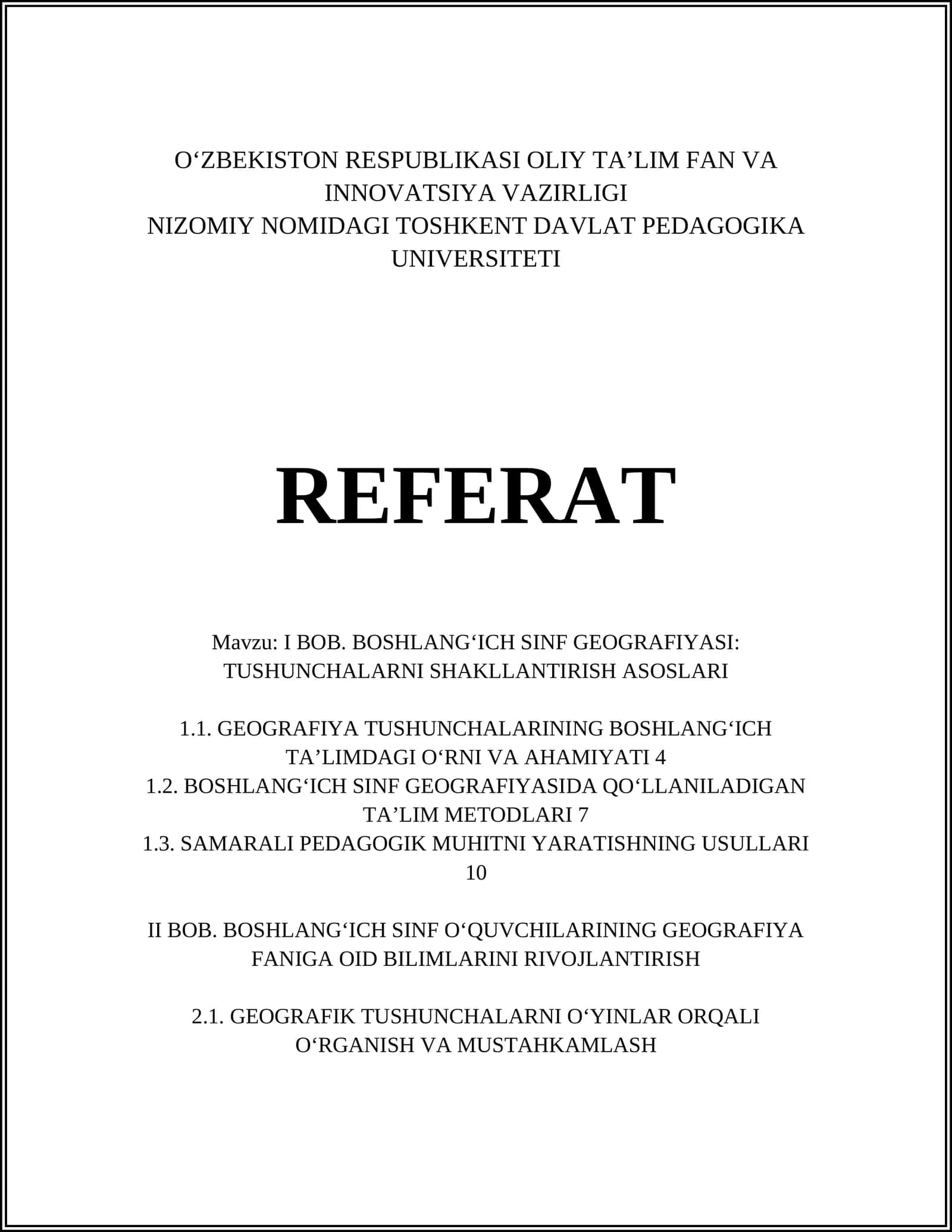 GEOGRAFIYA TUSHUNCHALARINING BOSHLANG‘ICH TA’LIMDAGI O‘RNI VA AHAMIYATI