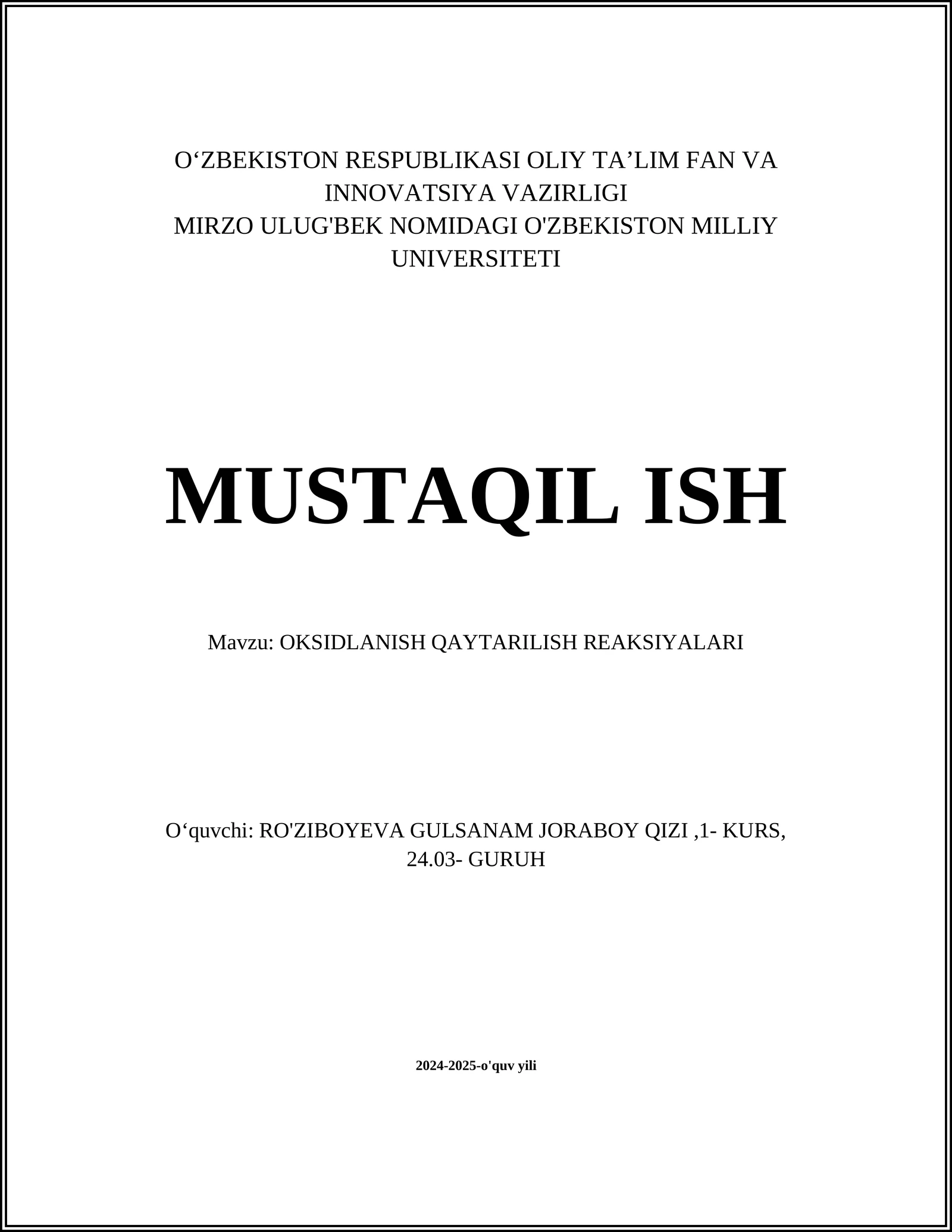 OKSIDLANISH QAYTARILISH REAKSIYALARI