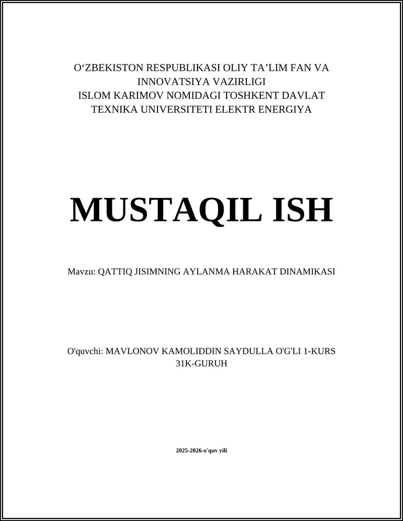 QATTIQ JISIMNING AYLANMA HARAKAT DINAMIKASI