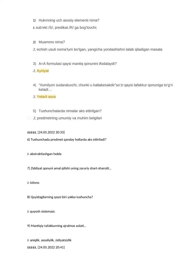 Mantiq fanidan Savollari va Javoblari