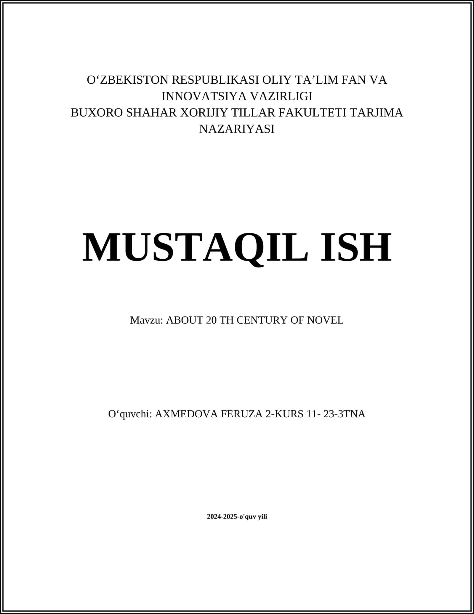 ABOUT 20 TH CENTURY OF NOVEL