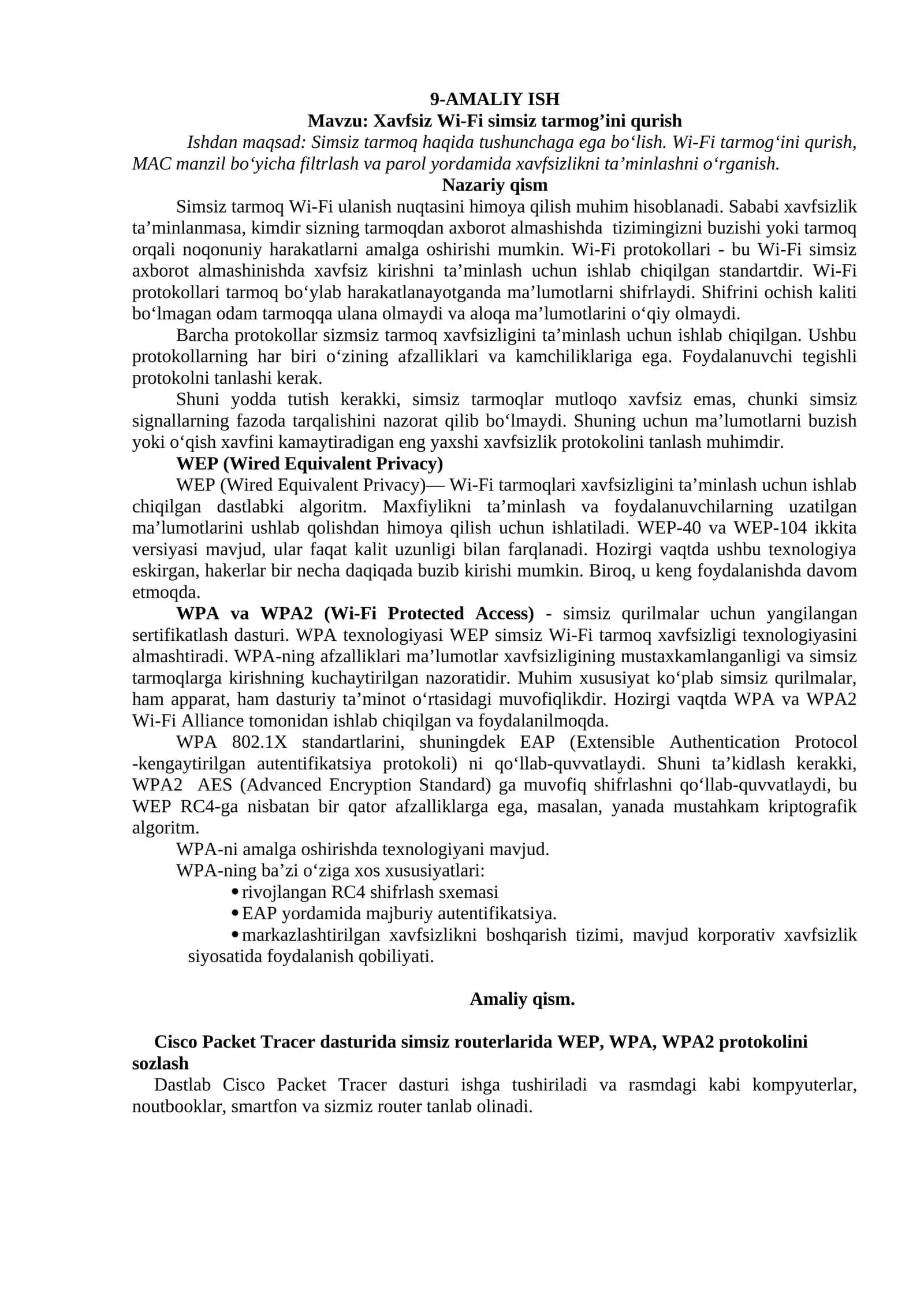 Xavfsiz Wi-Fi simsiz tarmog’ini qurish