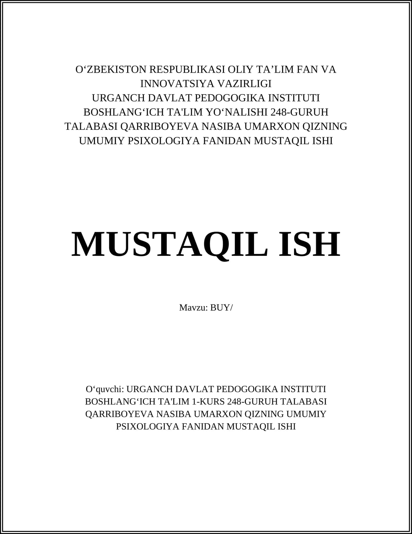 UMUMIY PSIXOLOGIYA FANIDAN MUSTAQIL ISHI